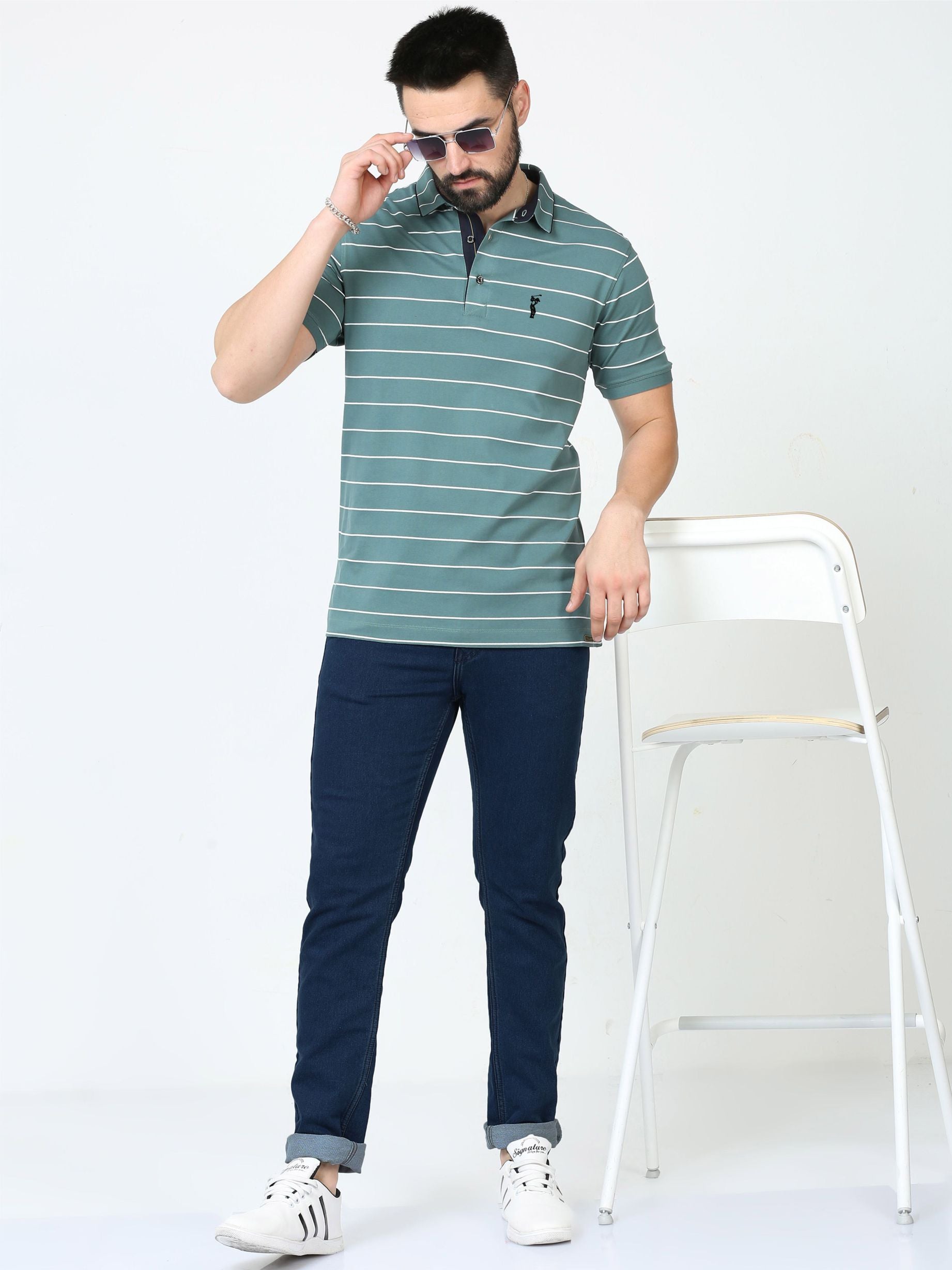 Teal Blue Striped Polo T Shirt for Men