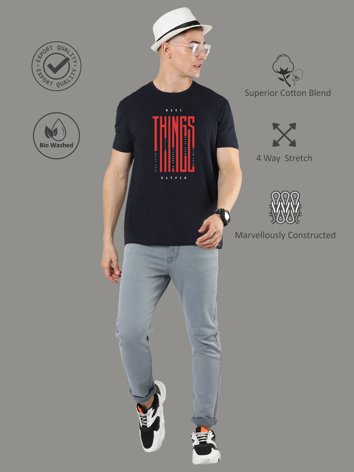Black Mens Printed Round Neck T Shirts