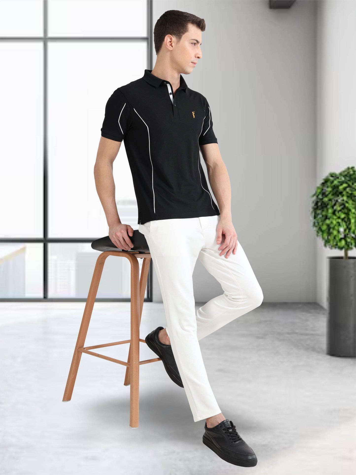 Black-Men's Piping Design Polo T-Shirt | Wrinkle-Free | Quick Dry | Stretchable |  Odour-Free | UV Protected