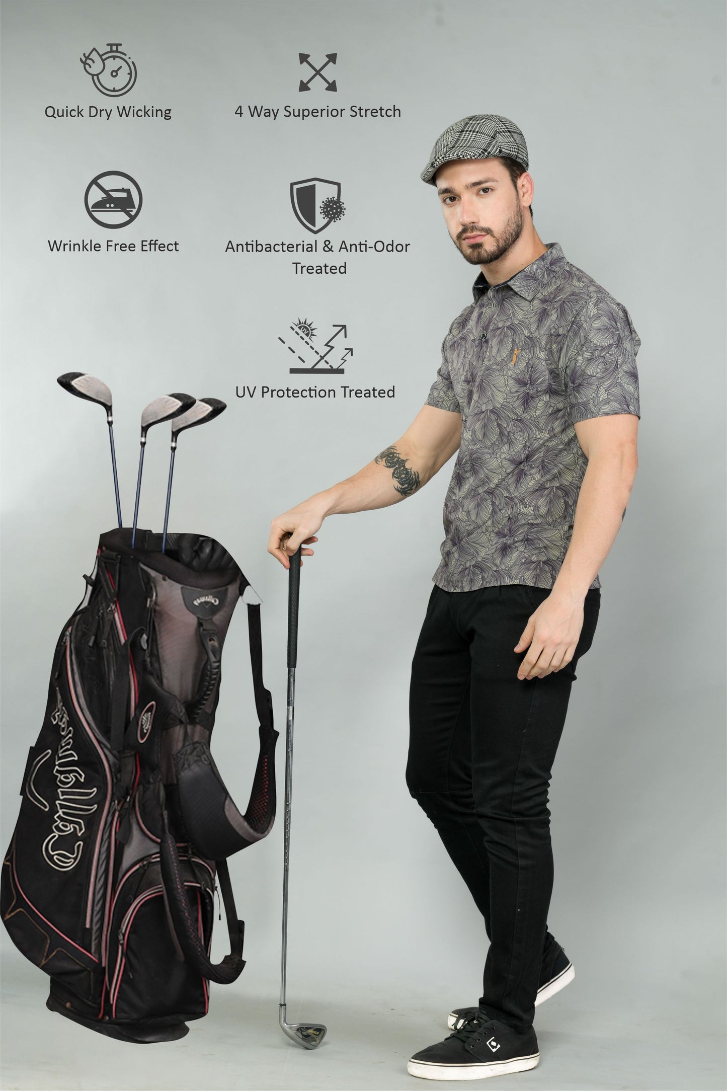 Moose Grey Men's Floral Print Golf Polo T-Shirts | Quick Dry | Stretchable | UV Protected | Wrinkle & Odour-Free