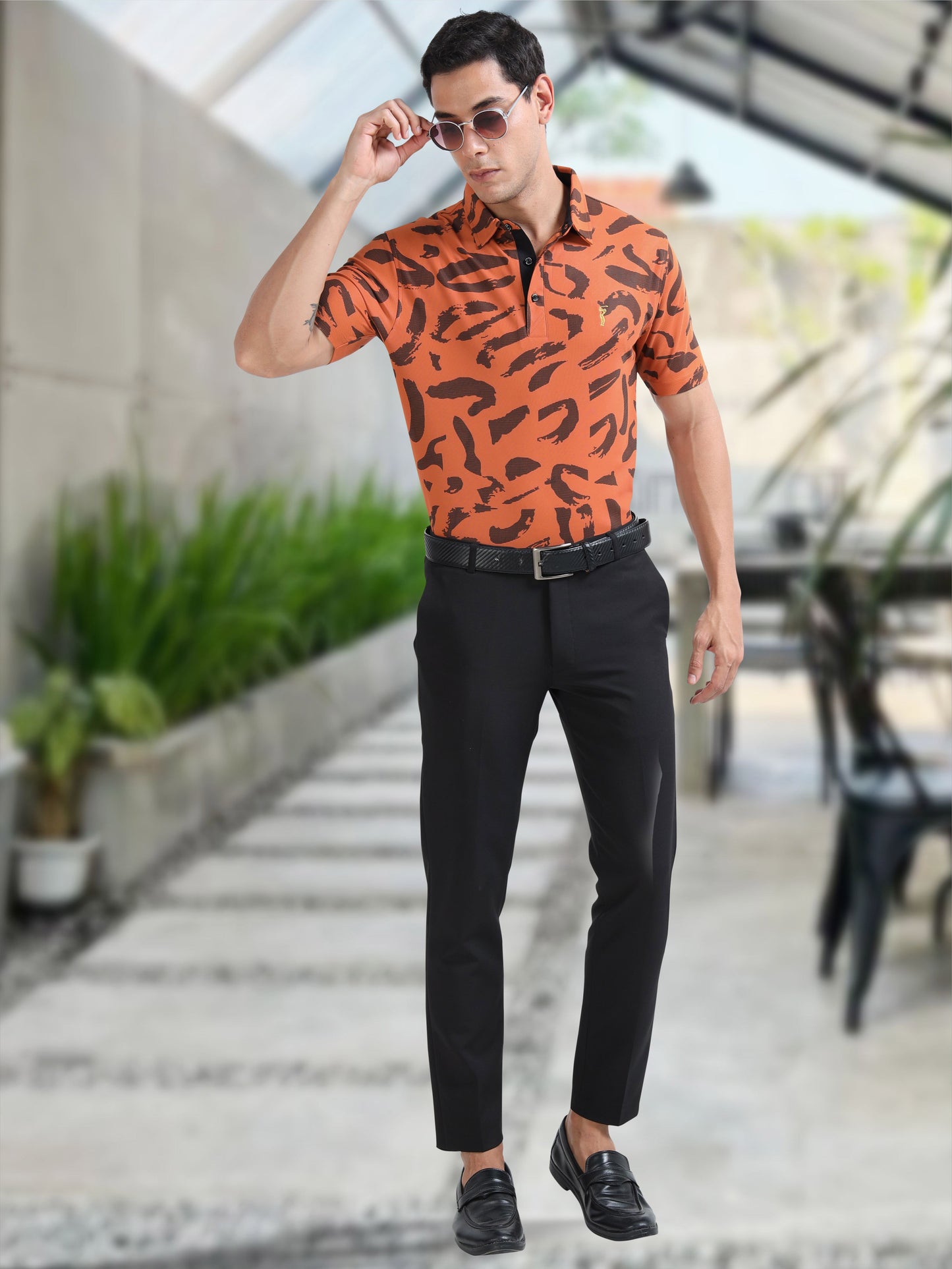 Orange Camousquare Printed Polo T Shirt for Men