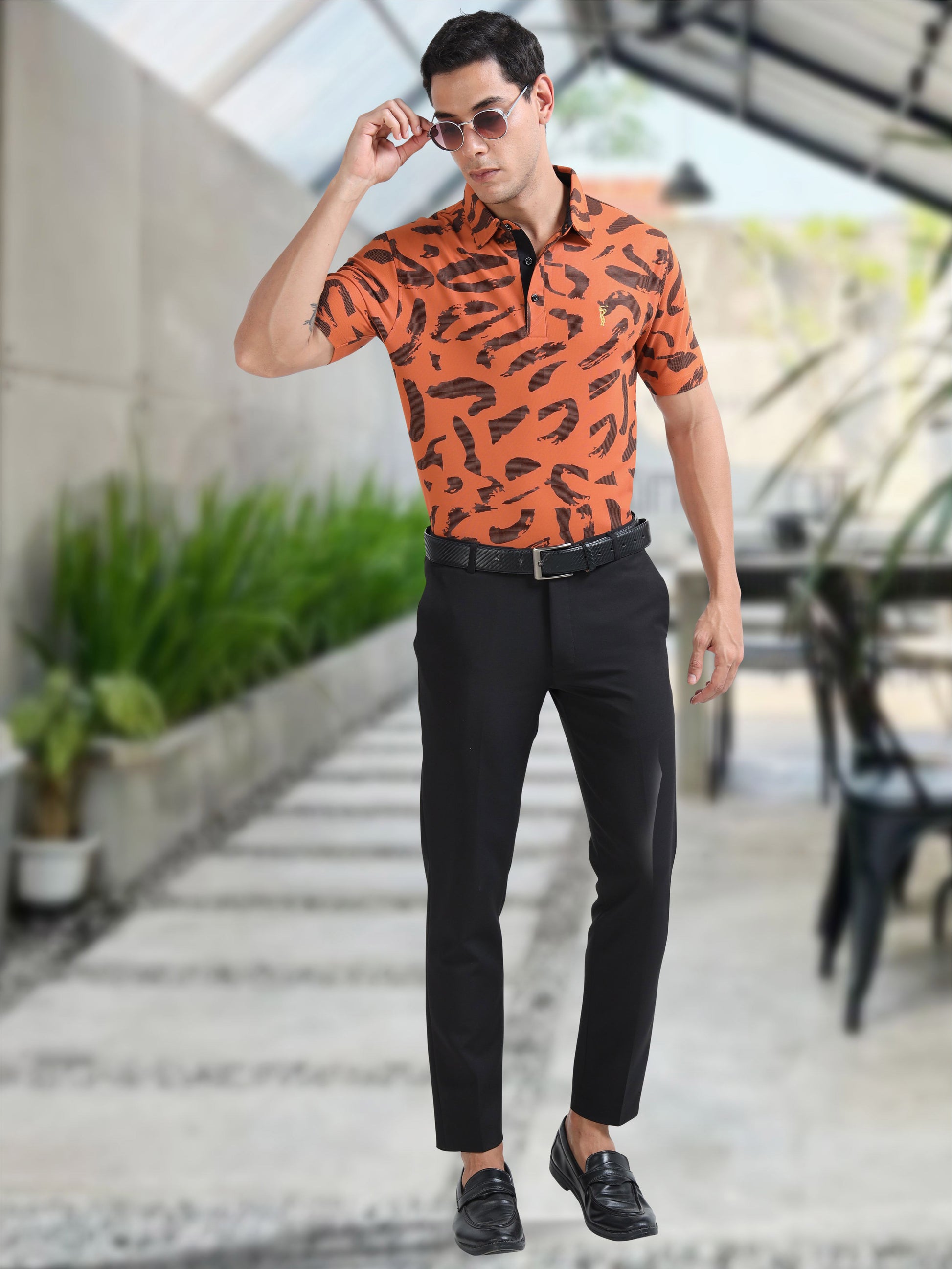 Orange Camousquare Printed Polo T Shirt for Men