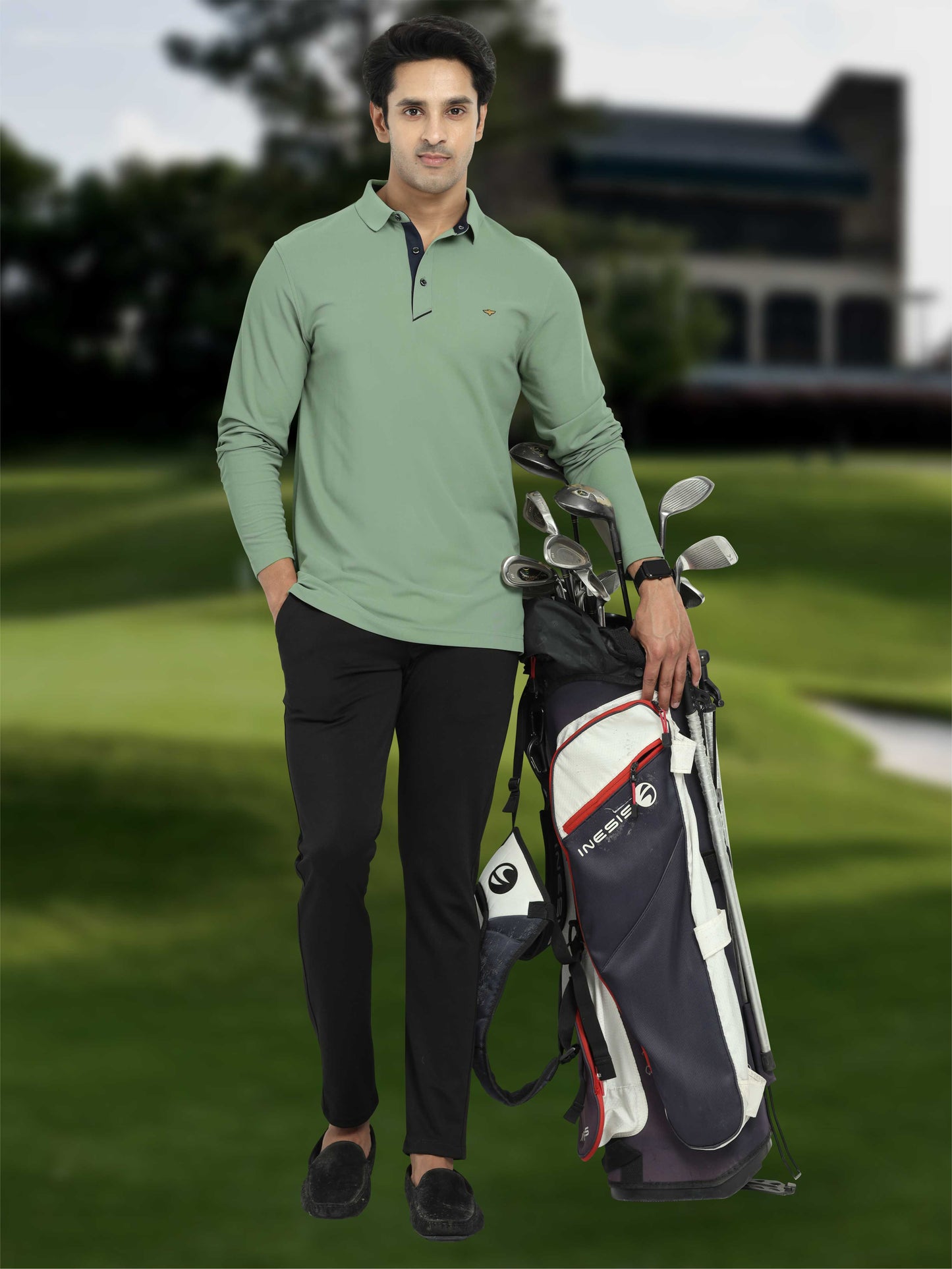 Men's Full Sleeve Polo T-Shirt - Misty Green | Feather Touch Feel | Odour Resistant | Wrinkle Free | Quick Dry | Stretchable | Anti-Static | UV Resistance |