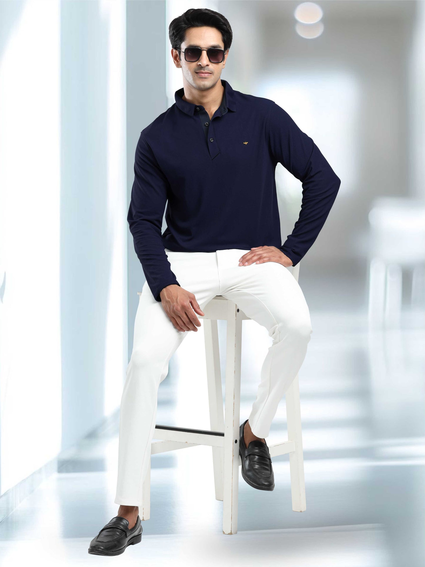 Men's Full Sleeve Polo T-Shirt-Navy Blue| Feather Touch Feel | Odour Resistant | Wrinkle Free | Quick Dry | Stretchable | Anti-Static | UV Resistance |