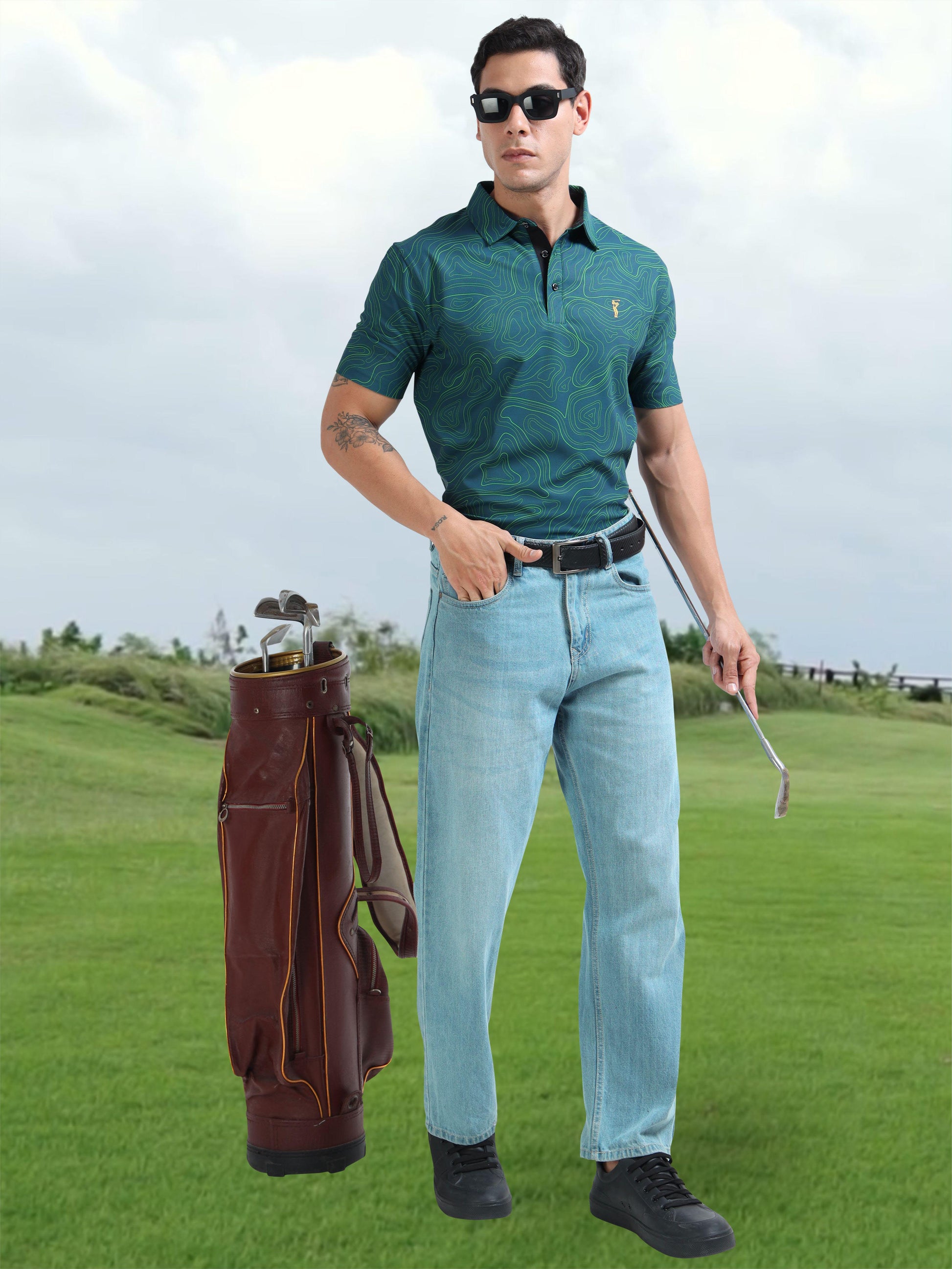 Abstract Teal Blue Printed Polo T Shirt for Men 