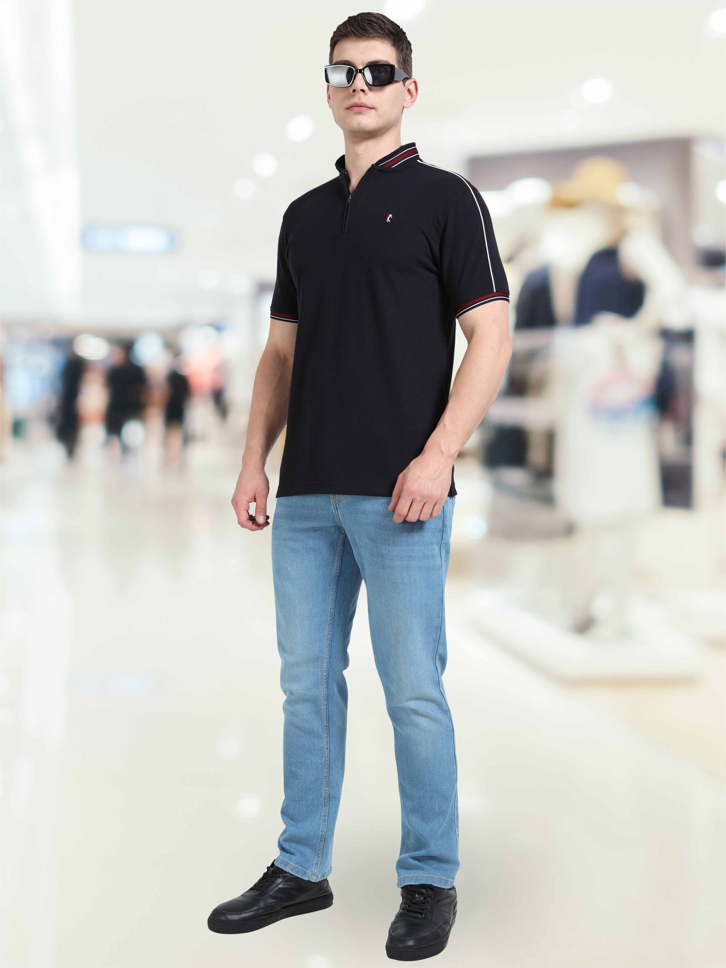 Men Black Chinese Collar Premium Cotton Polo T-shirt  | Stretchable   |  Feather touch feel  |  Sustainable  |  Breathable | Light Weight
