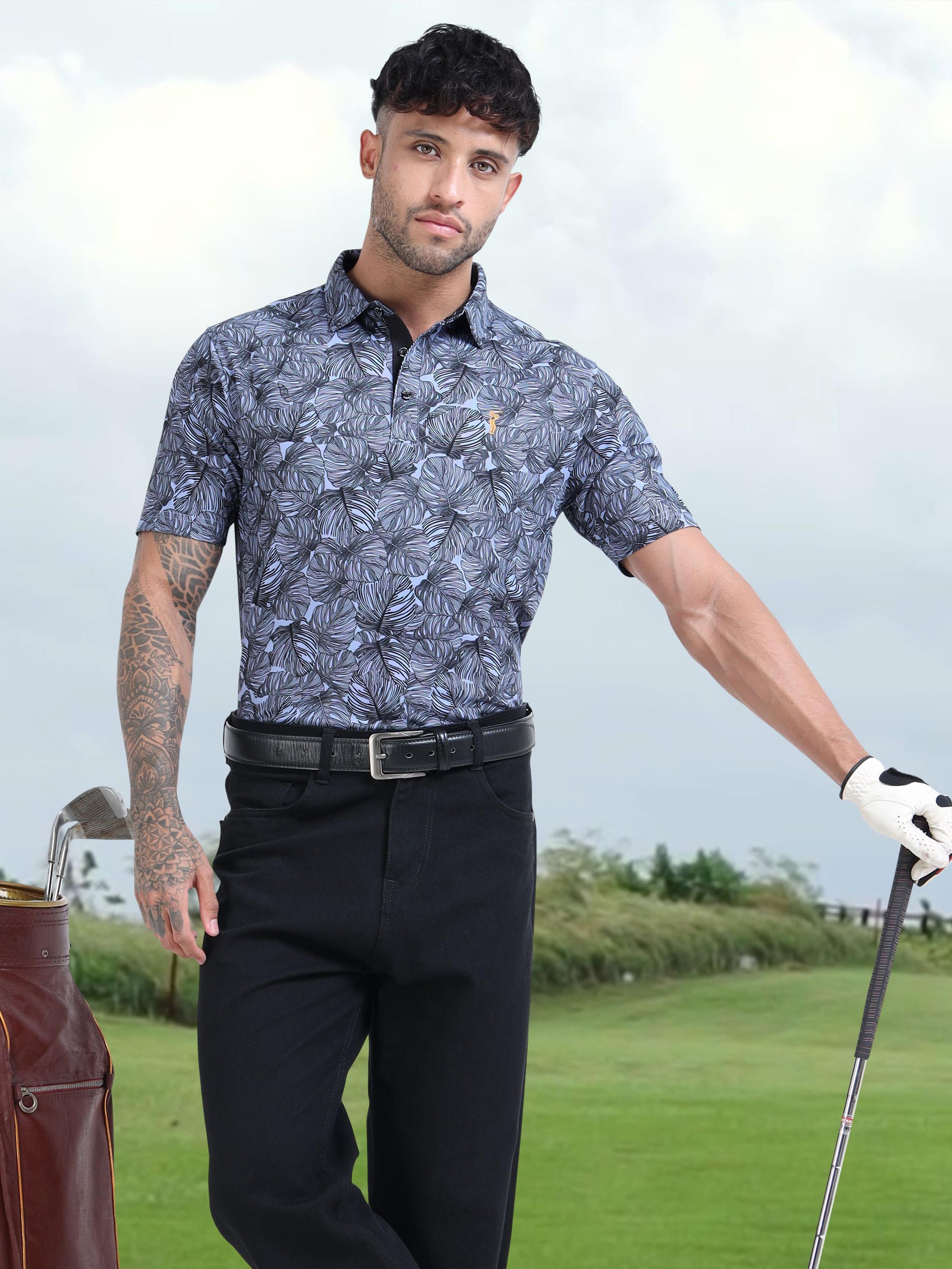 Purple Leaf Printed Polo T Shirt for Men