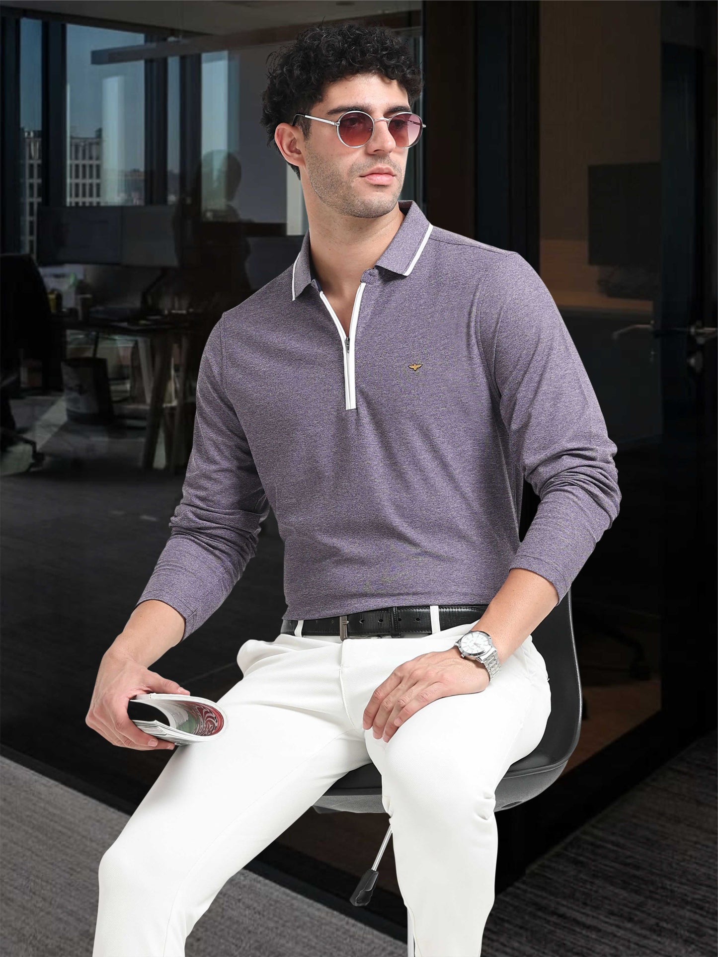 Purple Melange Zipper Full Sleeve Polo Tshirt For Men