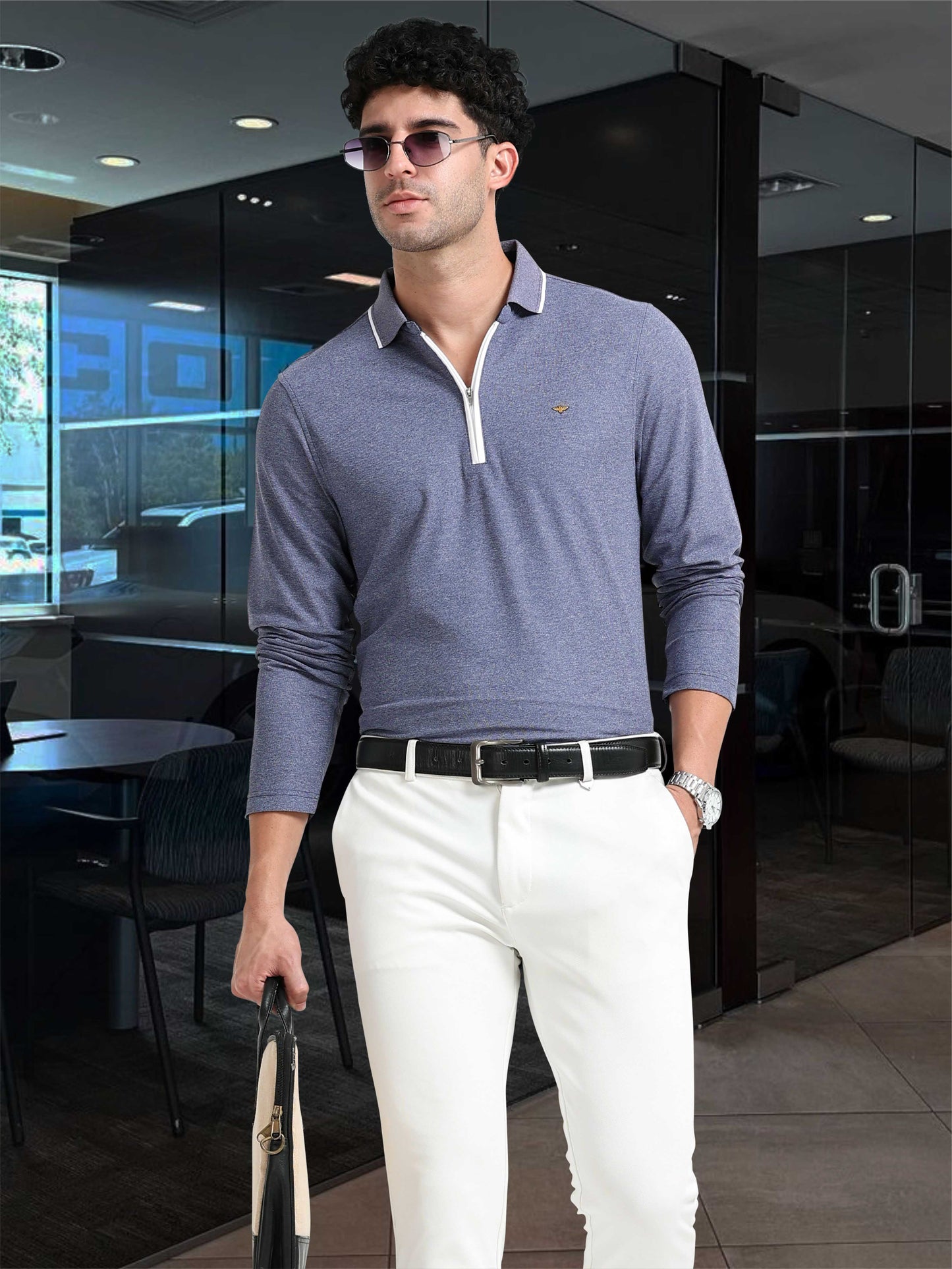 Navy Blue Melange Zipper Full Sleeve Polo Tshirt For Men