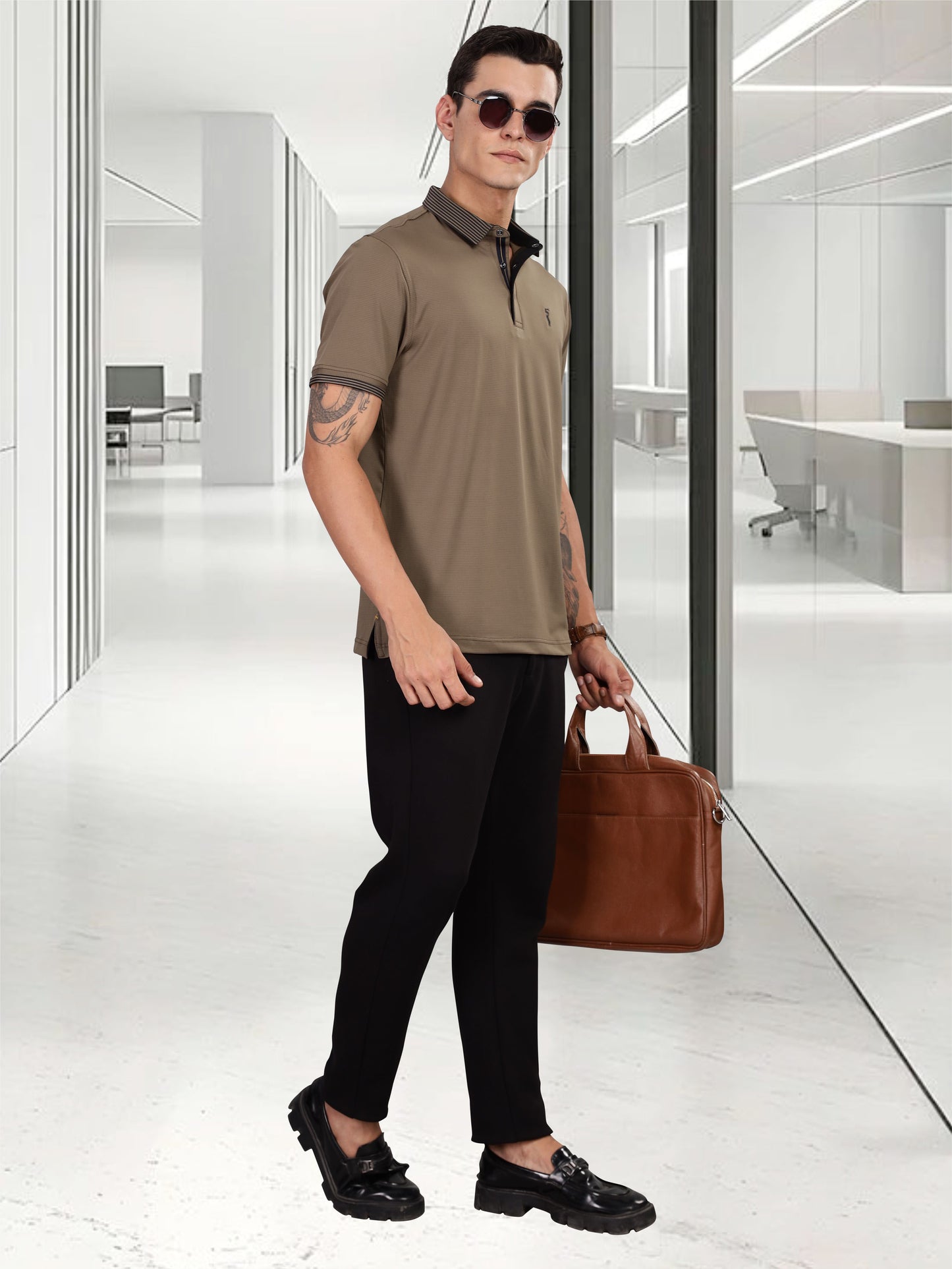 Men Premium Ultra Stripes Polo T-Shirt - Coffee Dust | Feather Touch Feel | Light Weight | Stretchable | Sustainable