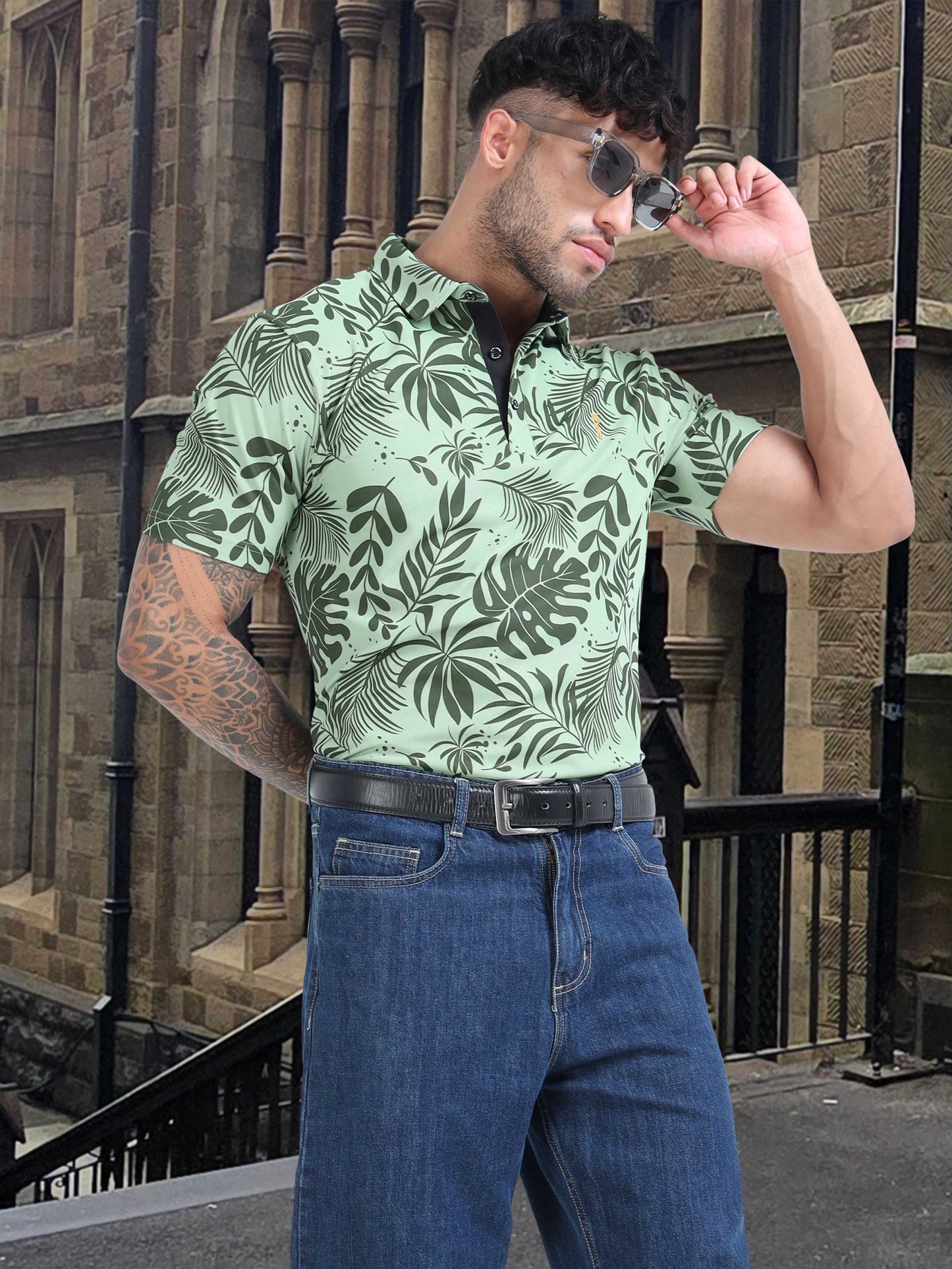 Green Leaf Printed Polo T Shirt for Men 