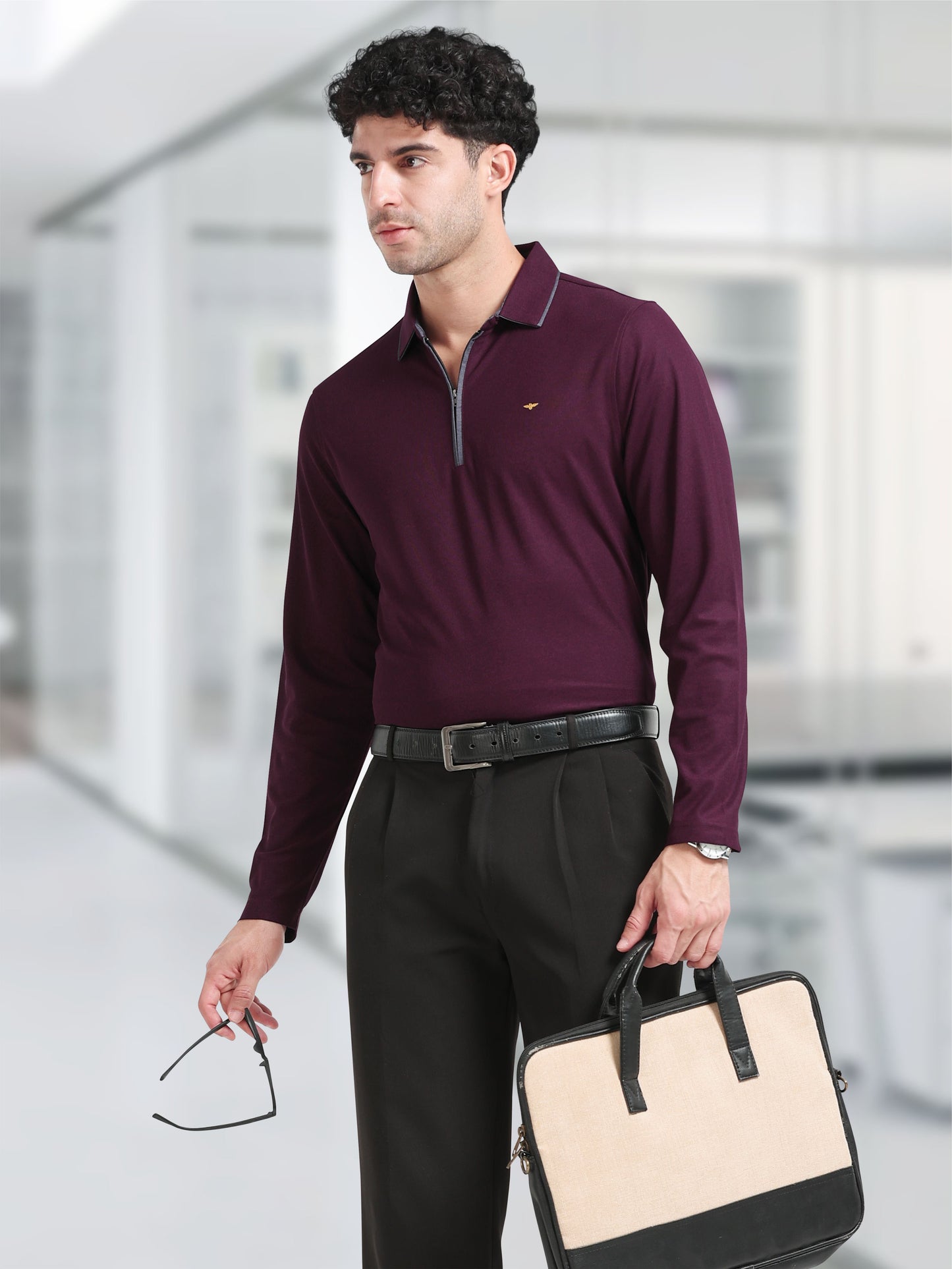 Raspberry Melange Zipper Full Sleeve Polo Tshirt For Men