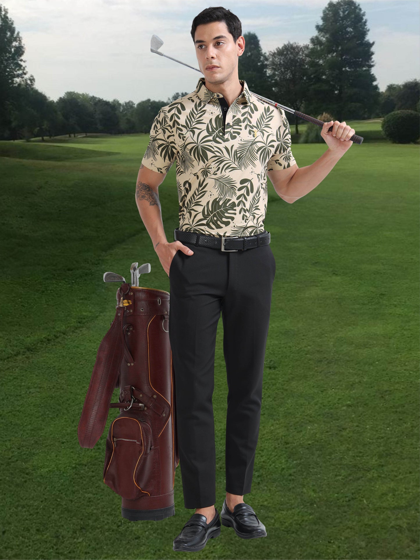 Beige Leaf Printed Polo T Shirt for Men