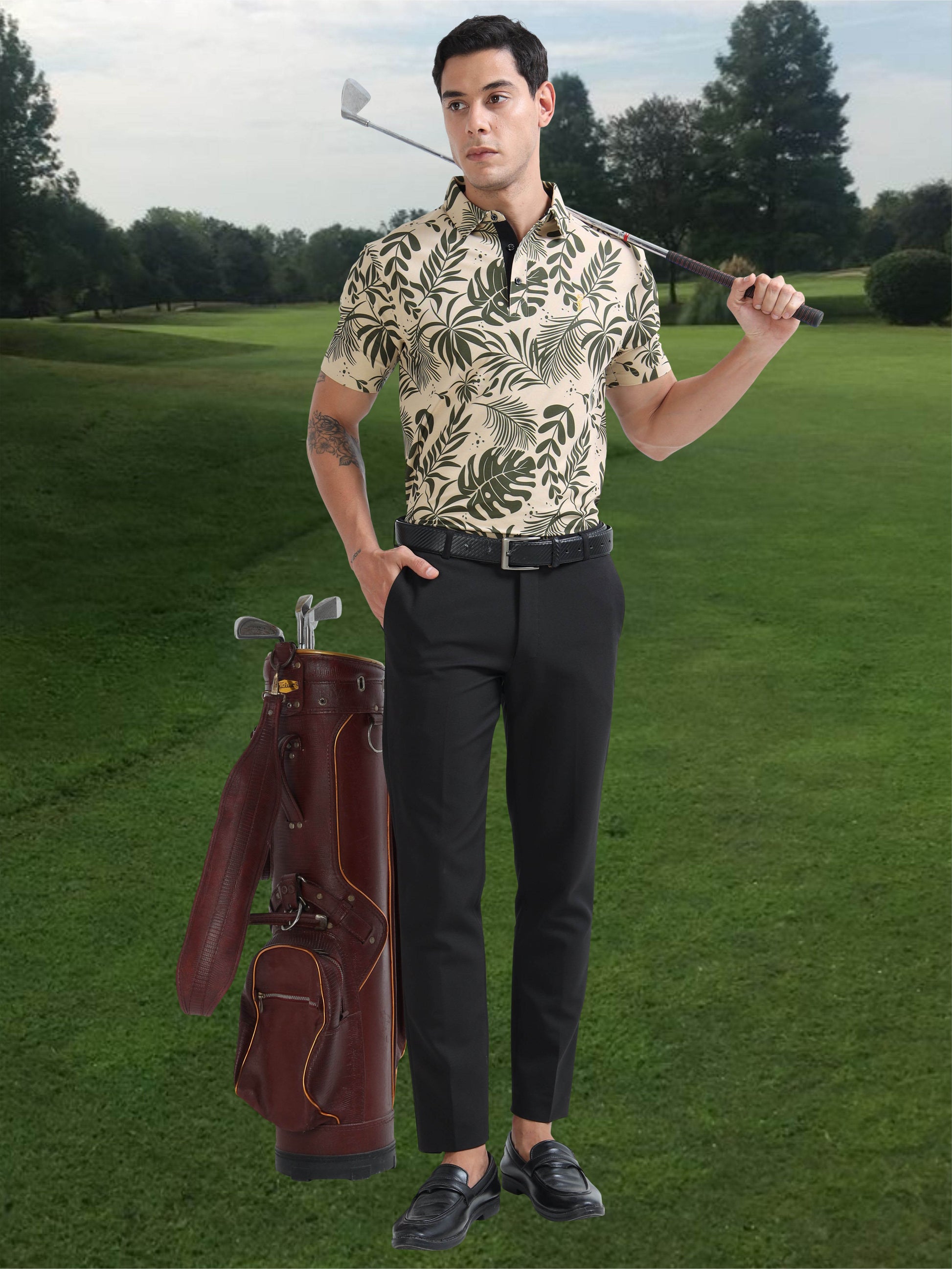 Beige Leaf Printed Polo T Shirt for Men