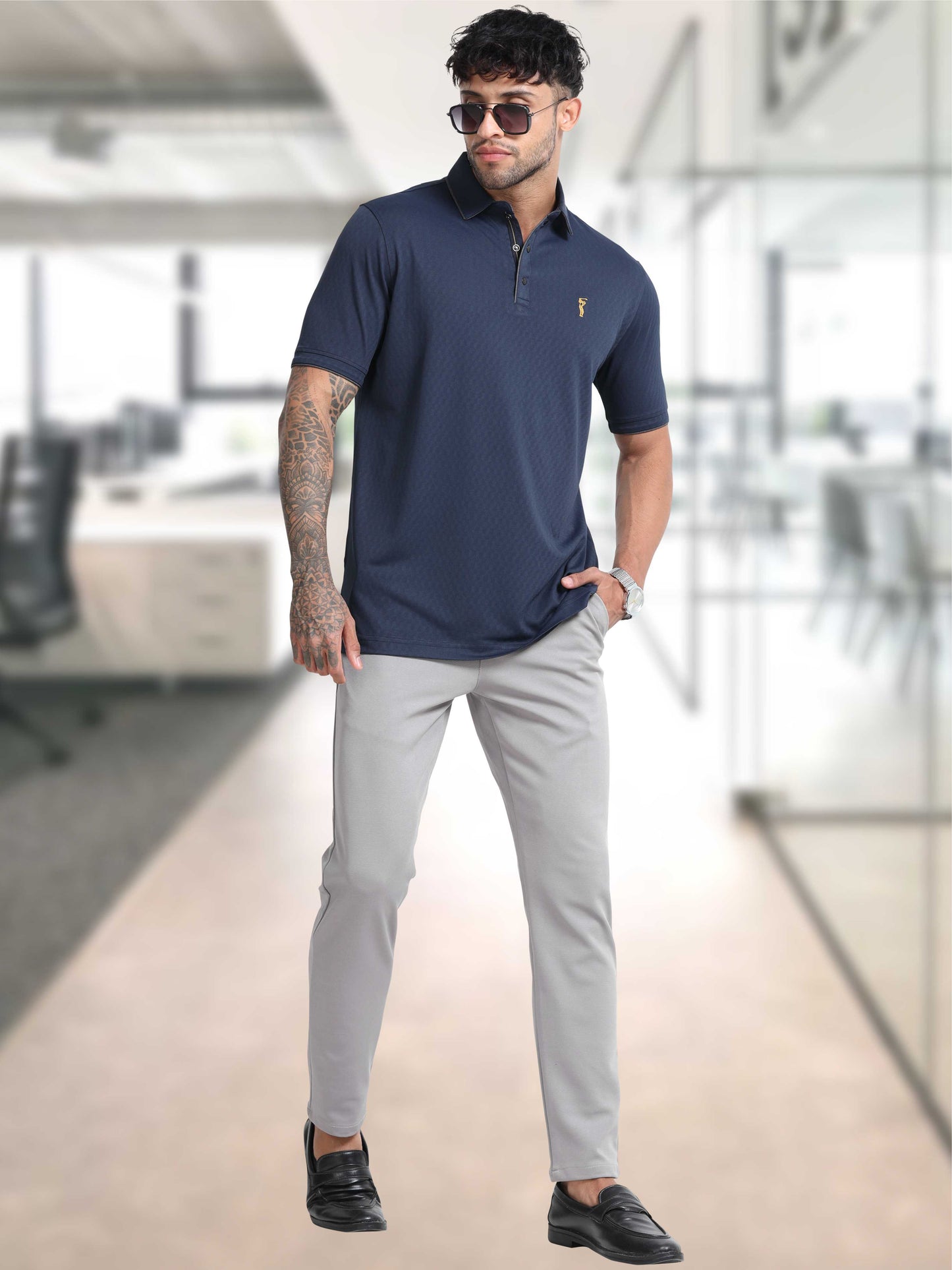 Men Self-Checked Regular Fit Polo T-shirt | Odour Resistant | Wrinkle Free | Quick Dry | Stretchable | Anti-Static