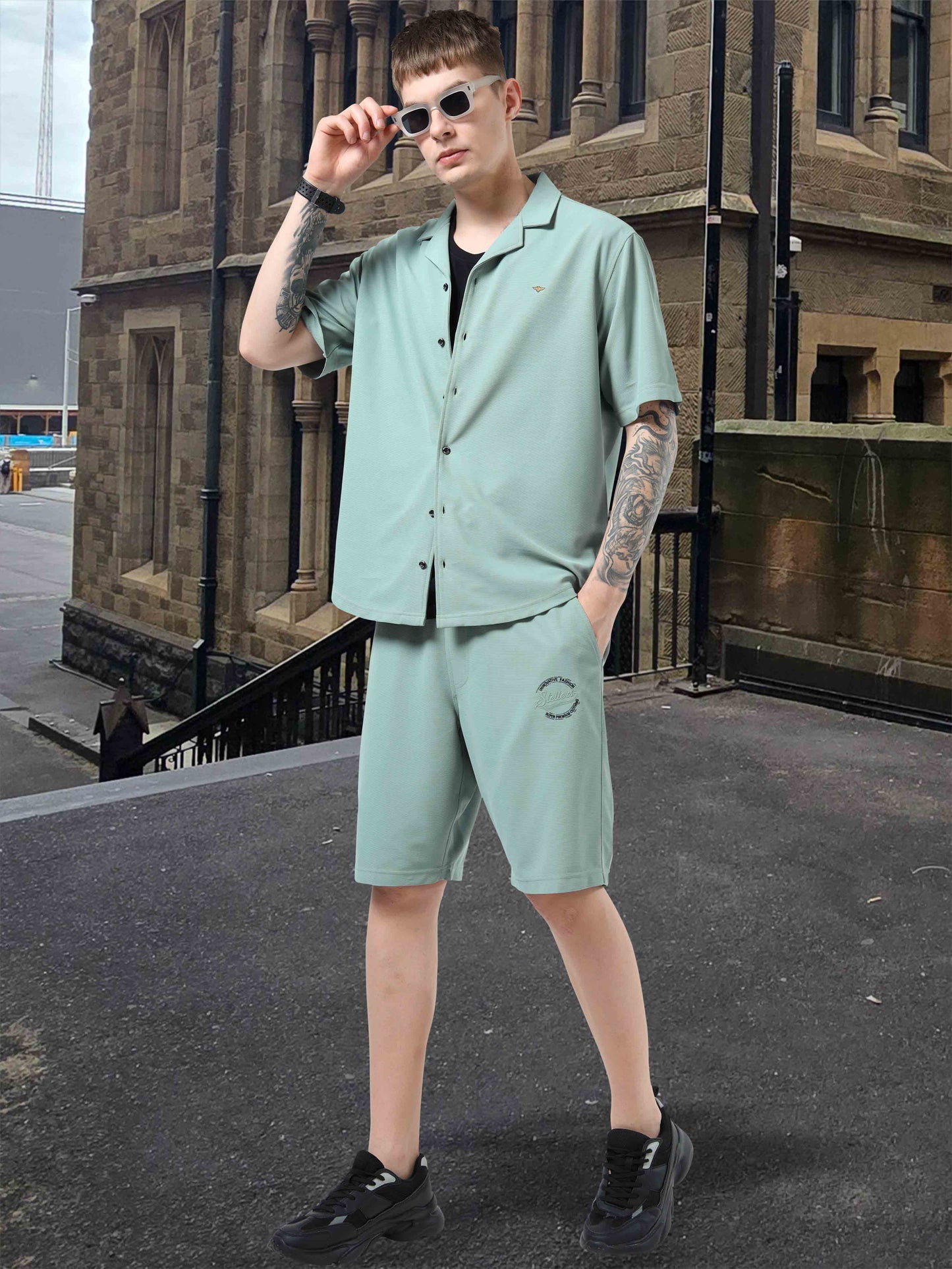 Men Relaxed Fit Co-ord Set Misty-Green | Wrinkle Free | Stretchable | Feather Touch Feel | Breathable