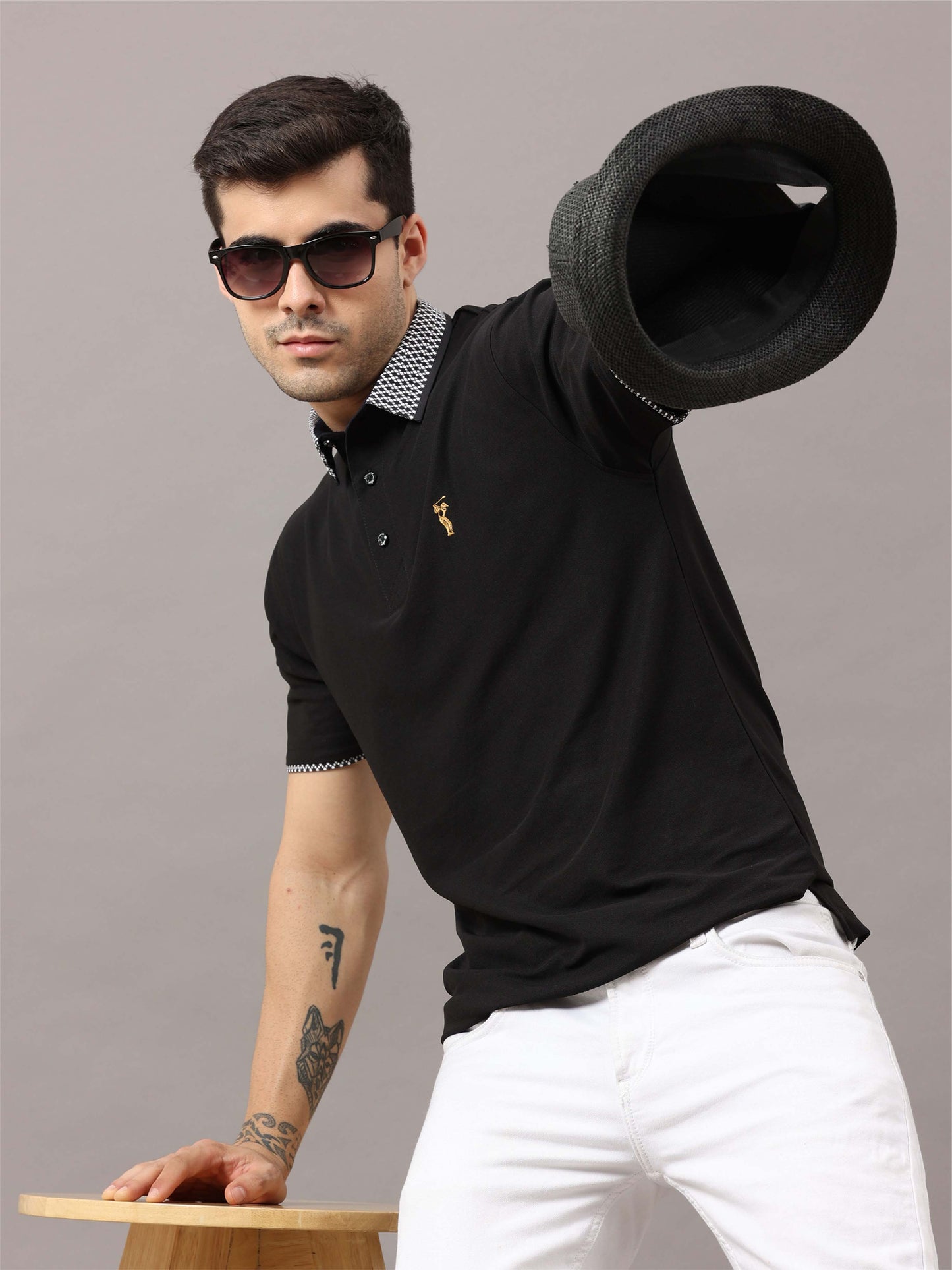 Black Men's Jacquard Collar Polo T-Shirt | Quick Dry | Stretchable | UV Protected | Wrinkle & Odour-Free