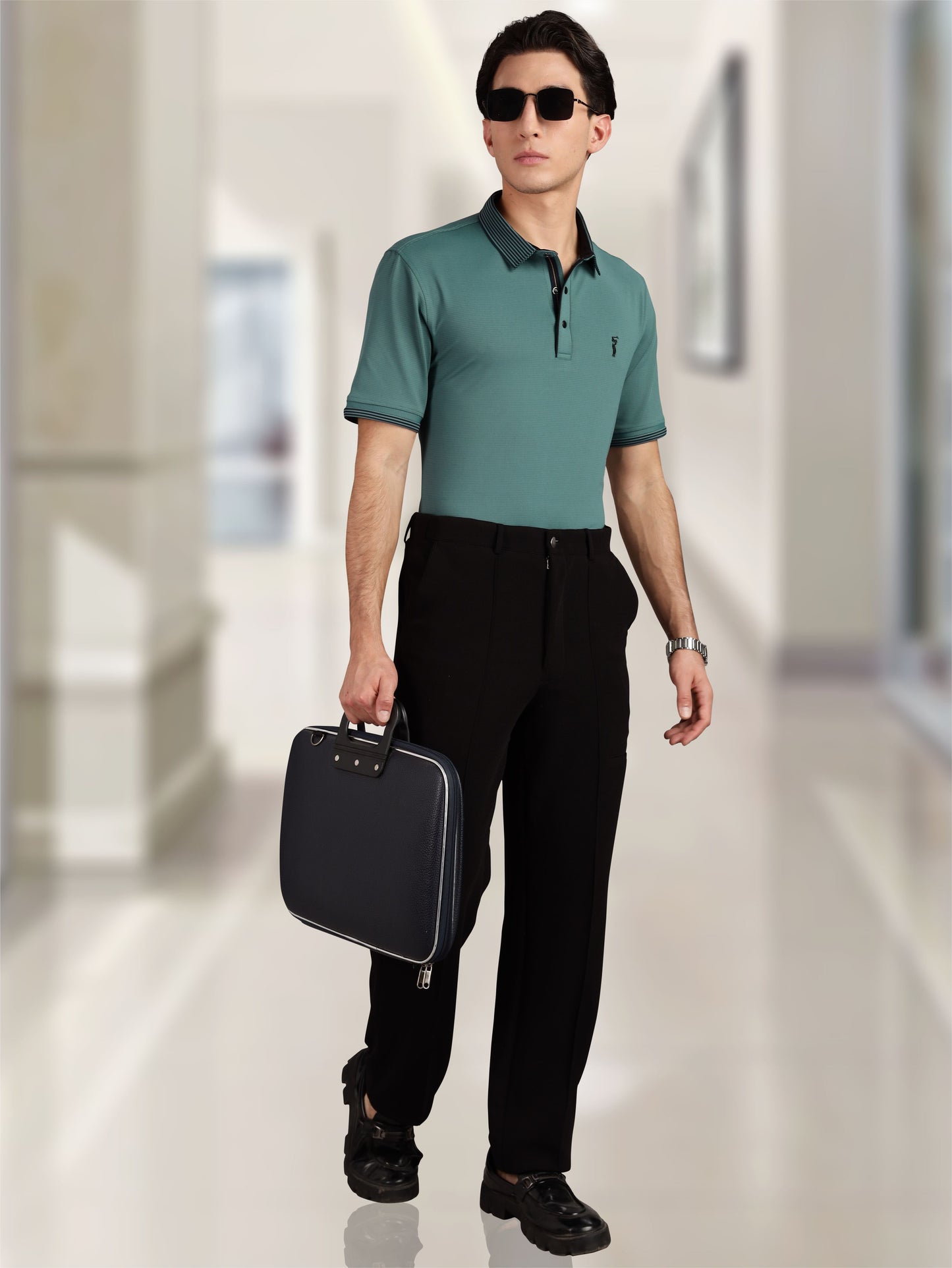 Men Premium Ultra Stripes Polo T-Shirt - Aqua Green | Feather Touch Feel | Light Weight | Stretchable | Sustainable