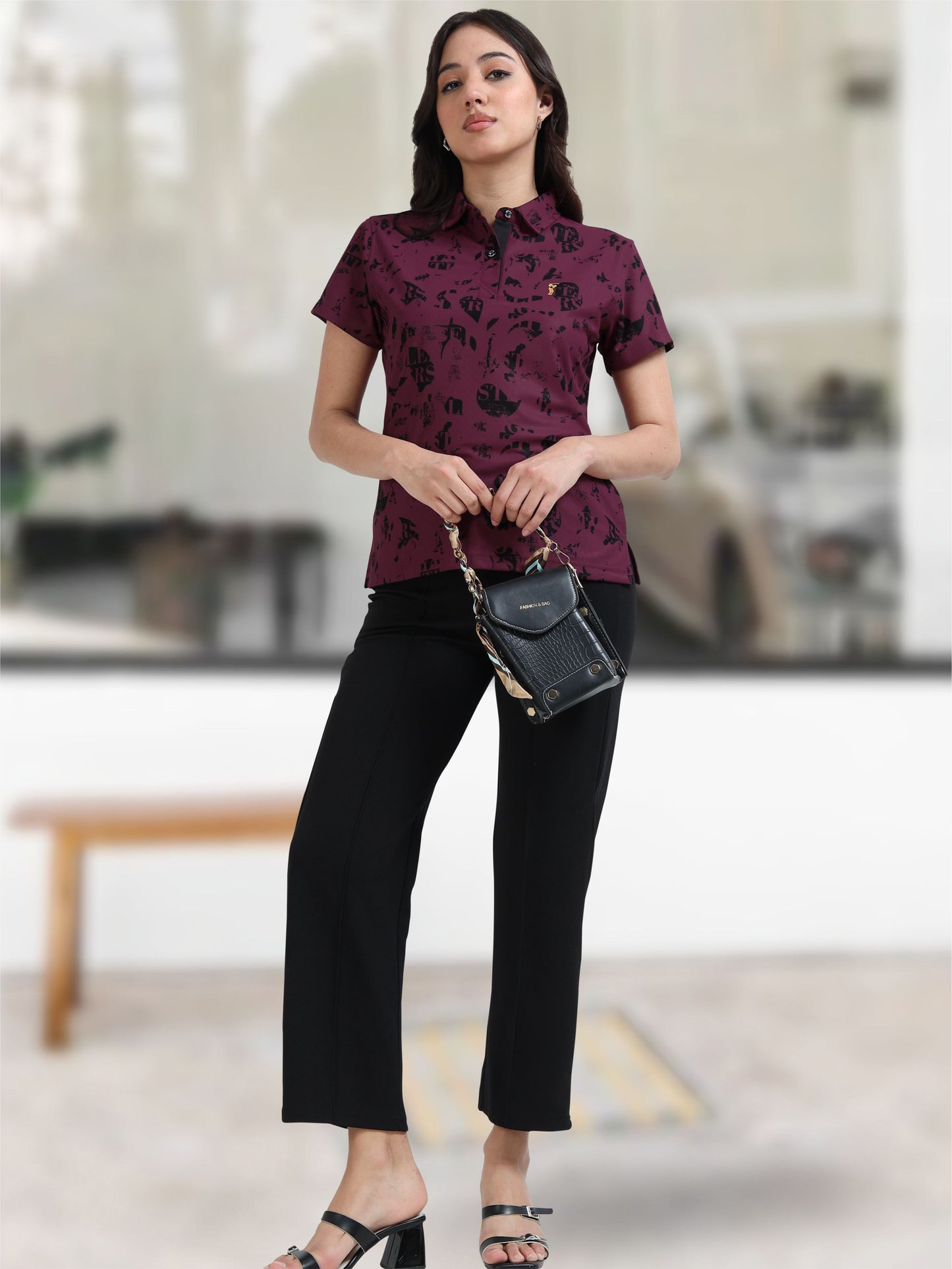 Magenta Camstel Printed Polo T Shirt for Women