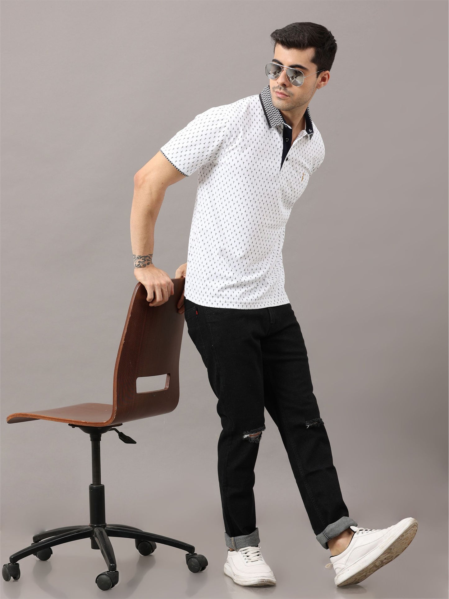 White Men's Ant Print Golf Polo T-Shirt | Quick Dry | Stretchable | UV Protected | Wrinkle & Odour-Free