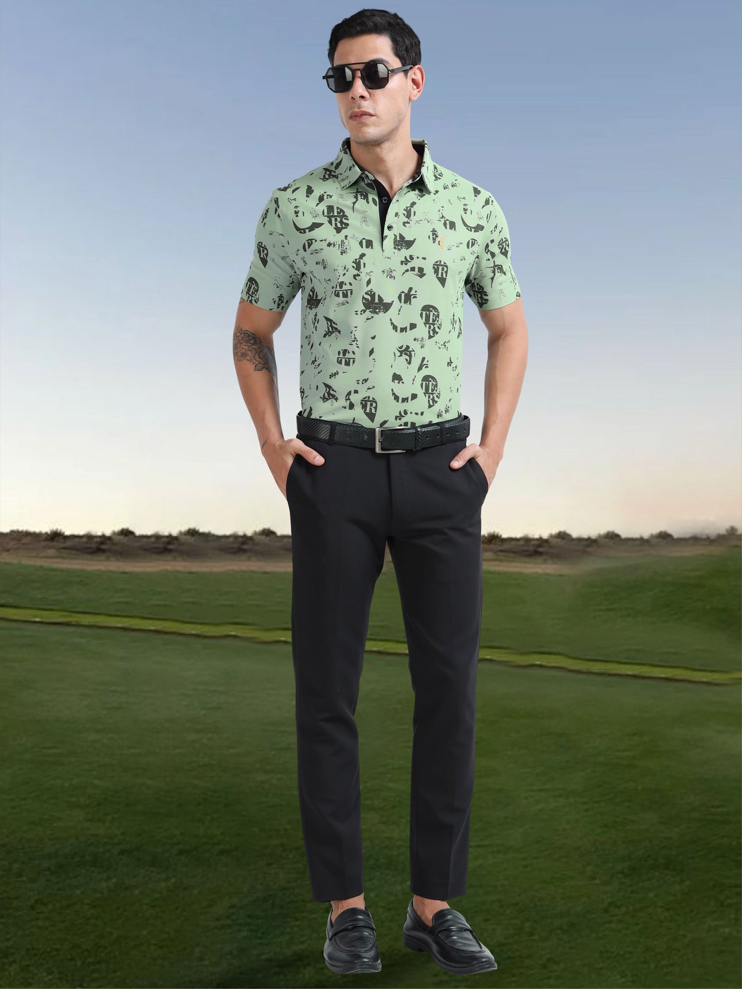 Camstel Green Printed Polo T Shirt for Men 