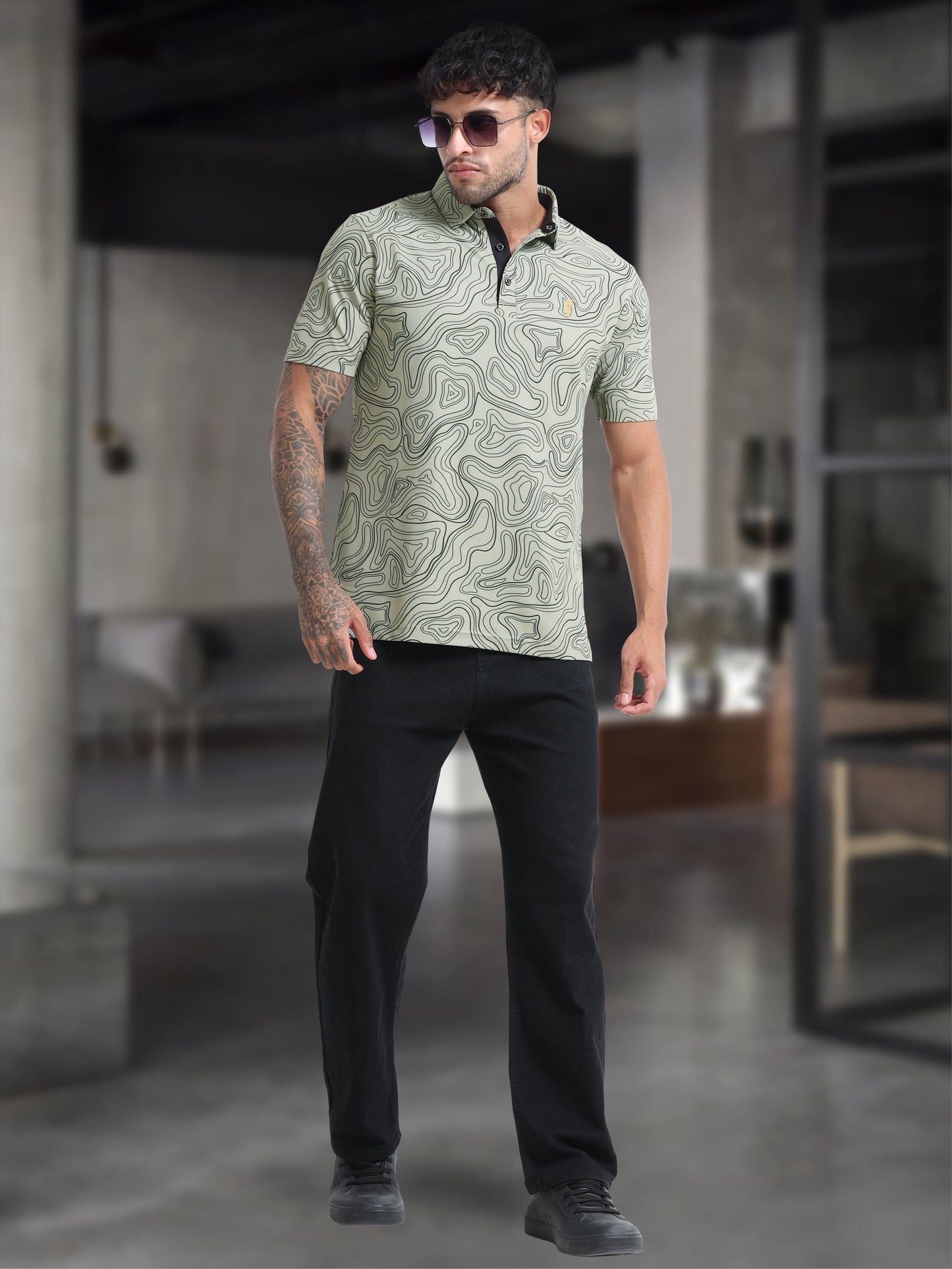 Moss Grey Printed Polo T Shirt for Men