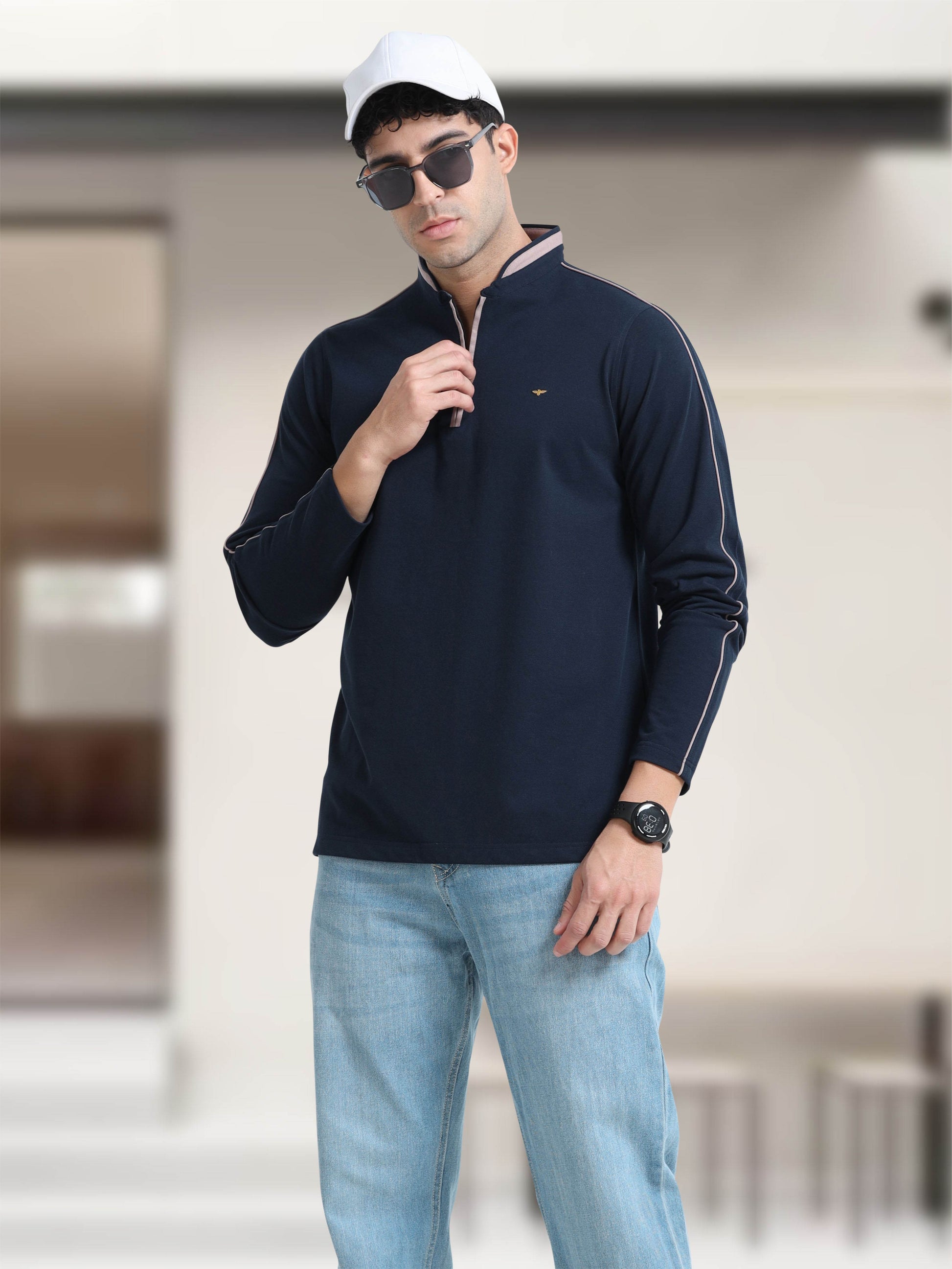 Navy Blue Full Sleeve Polo T Shirt for Men