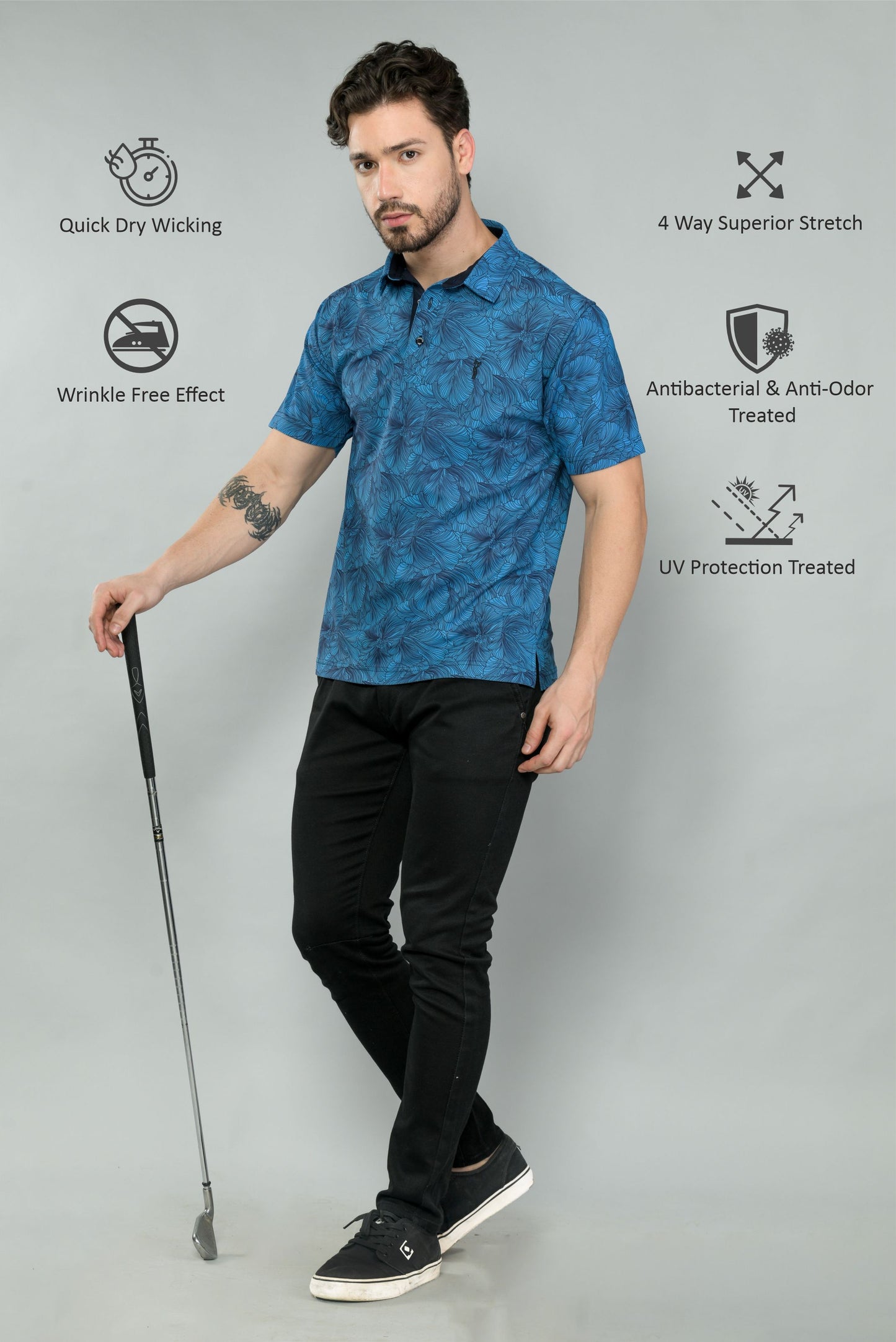 Blue Men's Floral Print Golf Polo T-Shirts | Quick Dry | Stretchable | UV Protected | Wrinkle & Odour-Free