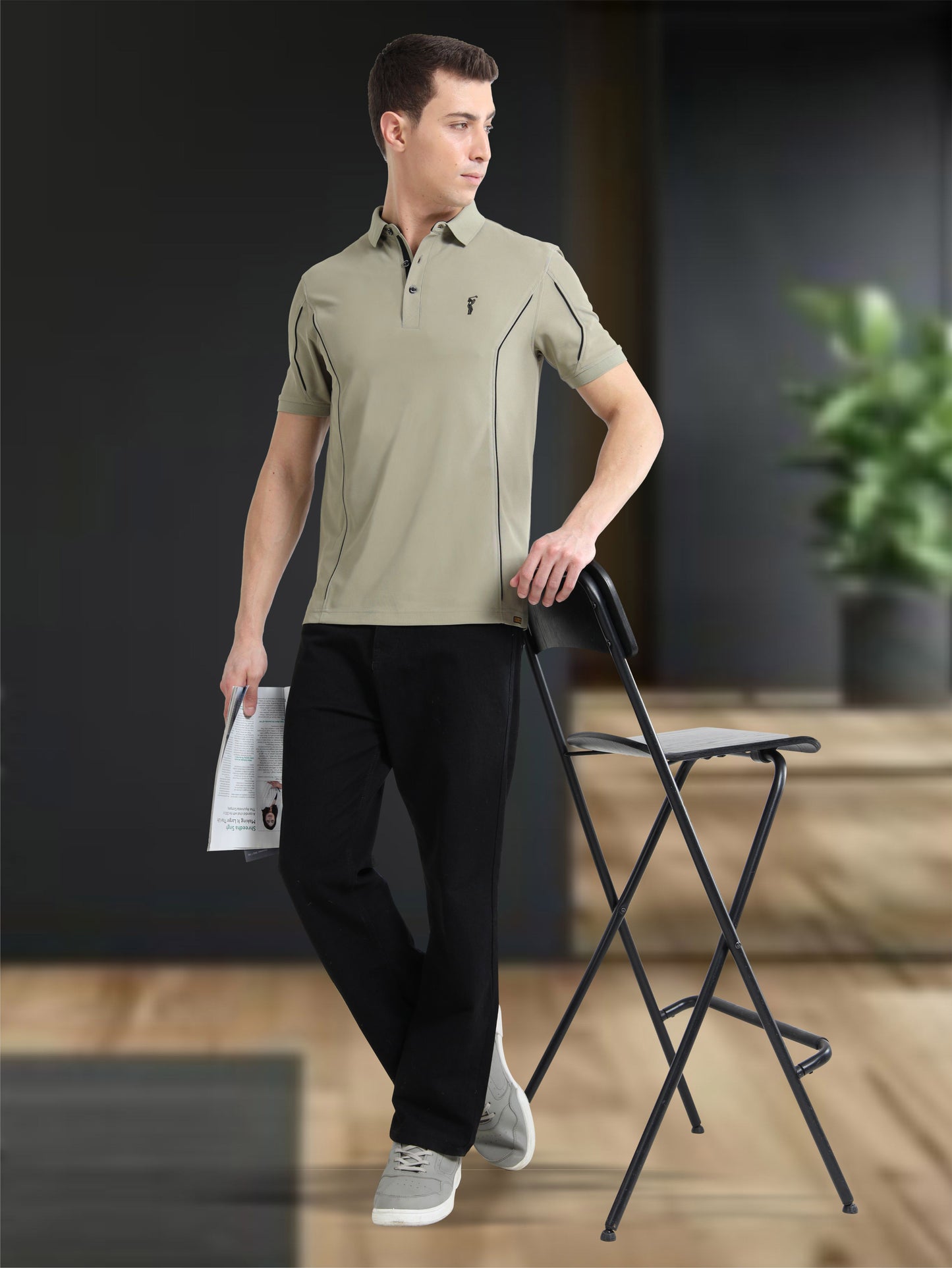 Moose Grey-Men's Piping Design Polo T-Shirt | Wrinkle-Free | Quick Dry | Stretchable |  Odour-Free | UV Protected