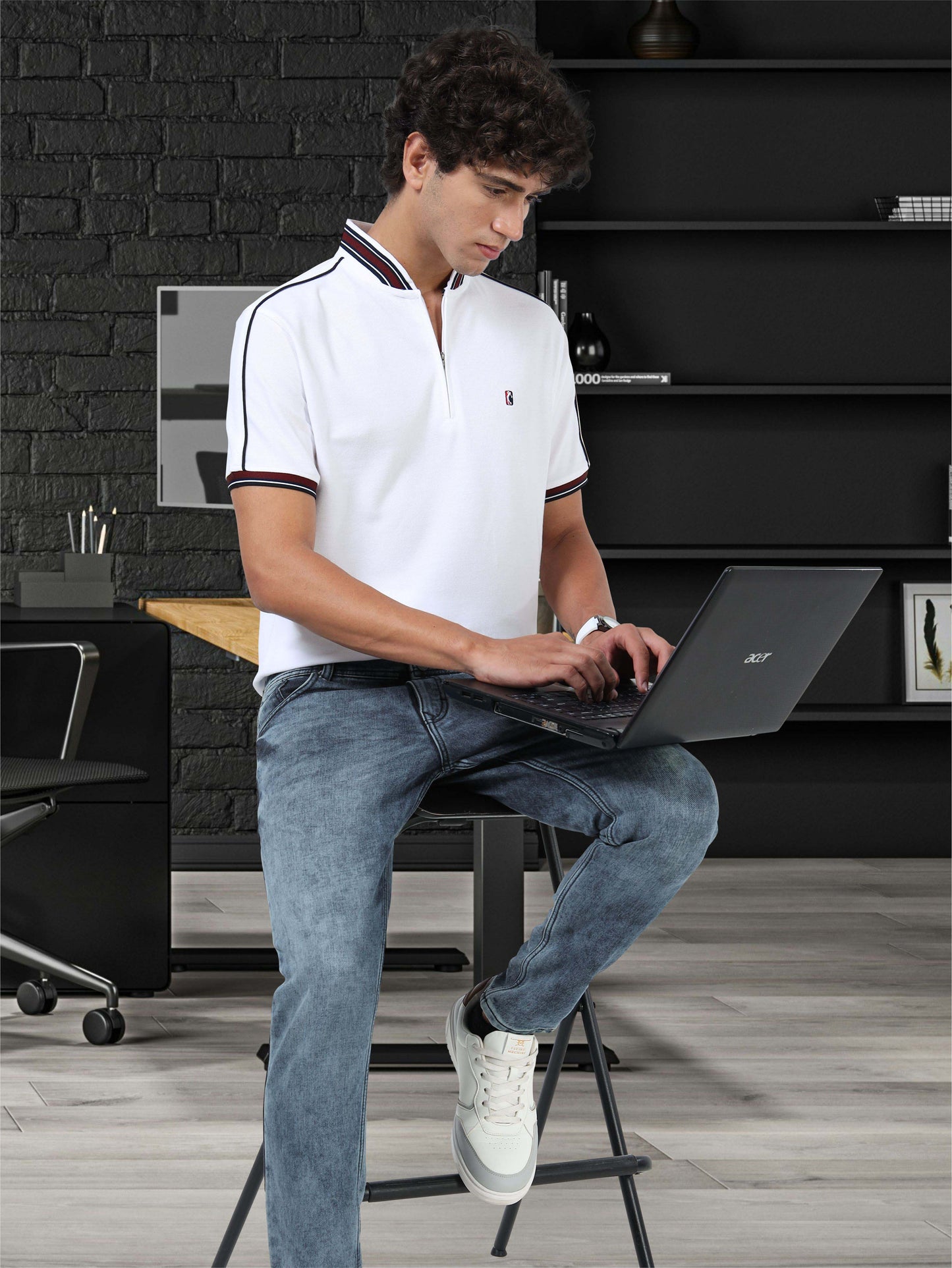 STELLERS Men's Zipper Chinese Collar Polo T-Shirt - White | Premium Cotton | Stretchable | Feather Touch Feel | Breathable | Light Weight