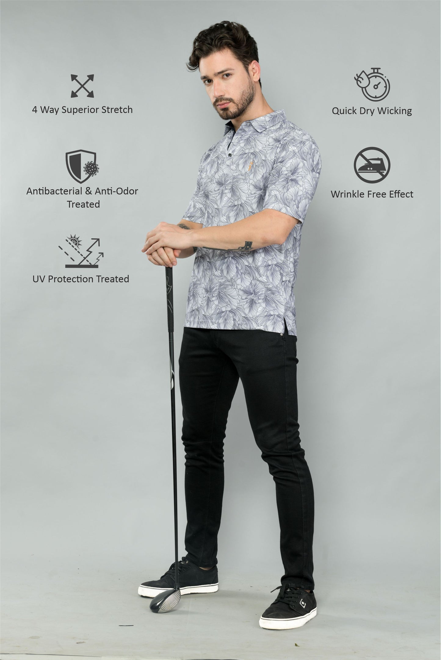 White Men's Floral Print Golf Polo T-Shirts | Quick Dry | Stretchable | UV Protected | Wrinkle & Odour-Free