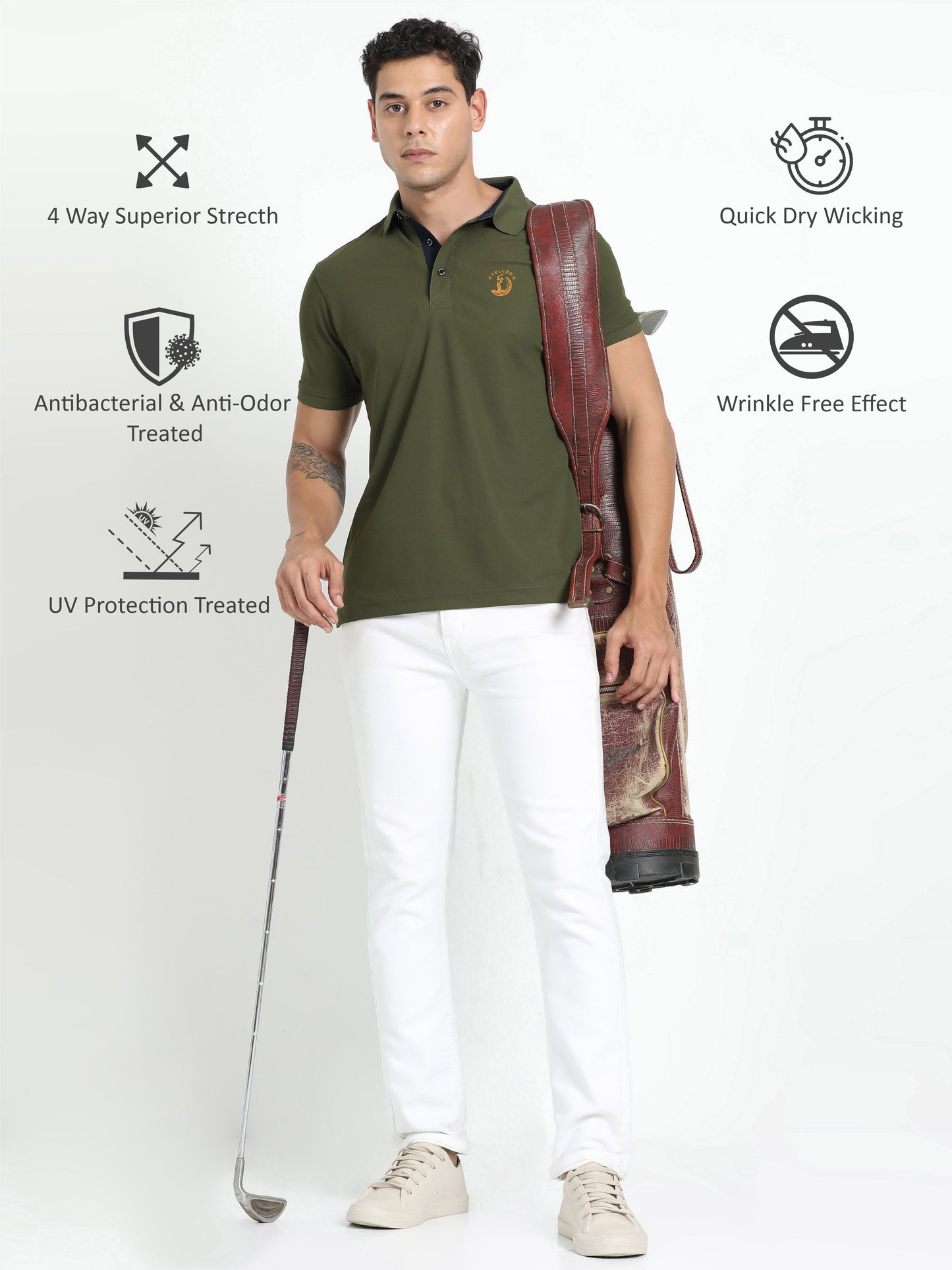 Men Olive Green Golf Polo T-Shirt | Quick Dry | Stretchable | UV Protected | Wrinkle & Odour-Free