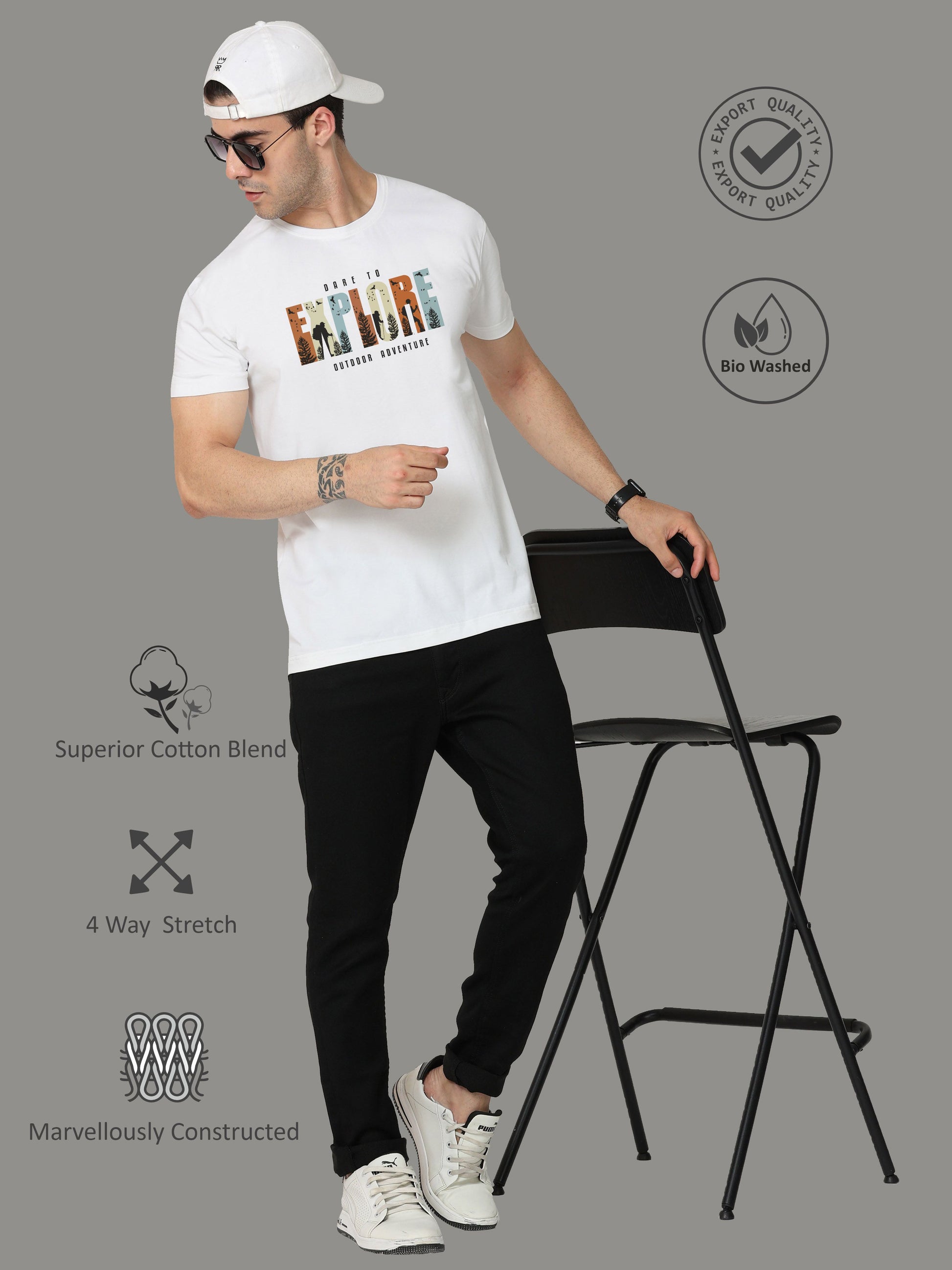 White "EXPLORE" Print Men’s Crew Neck T Shirt