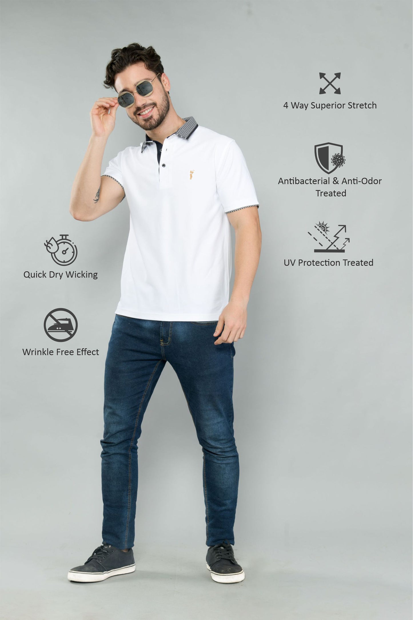 White Men's Jacquard Collar Polo T-Shirt | Quick Dry | Stretchable | UV Protected | Wrinkle & Odour-Free