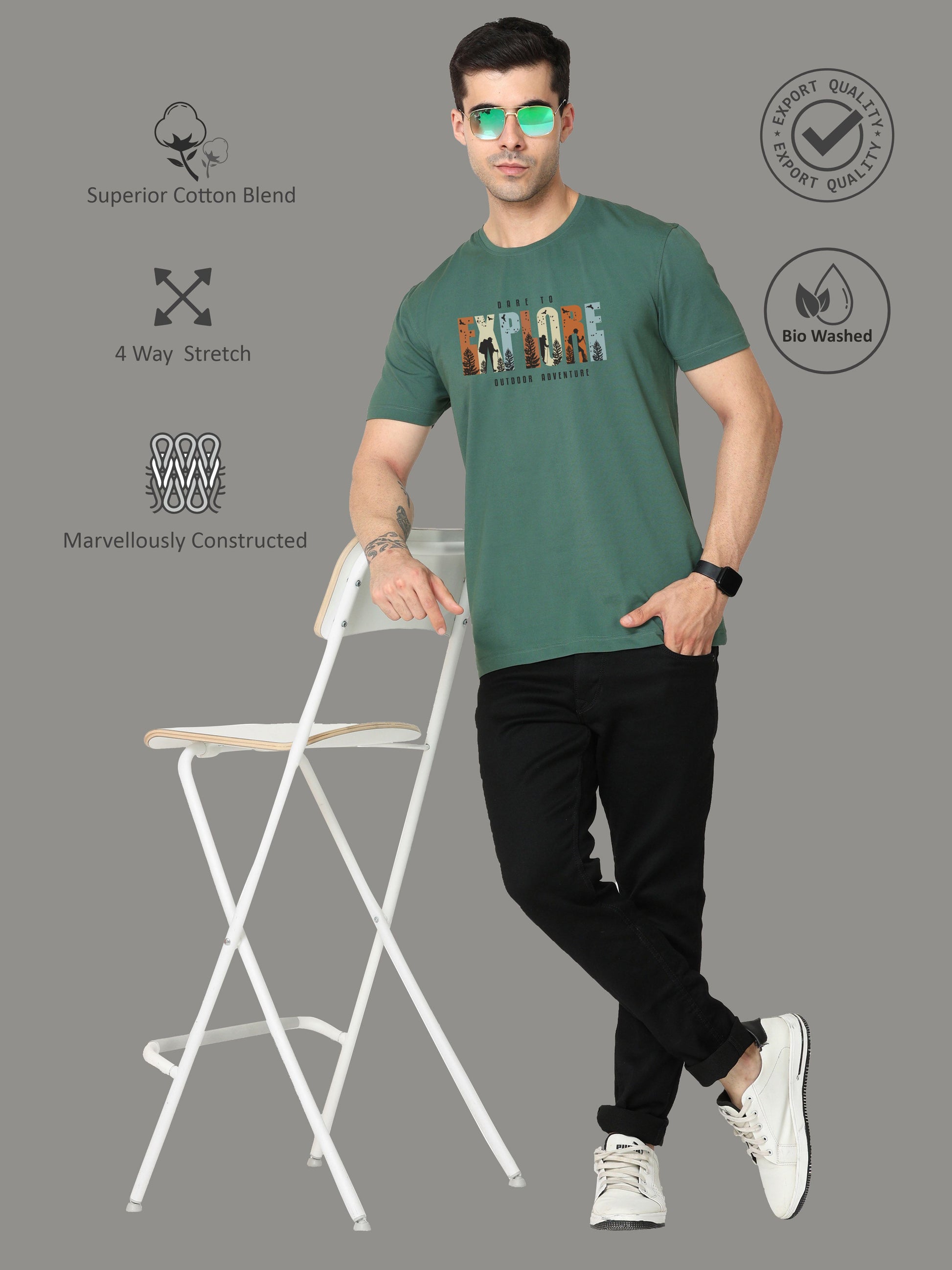 Aqua Green EXPLORE Print Men's Round Neck T Shirts