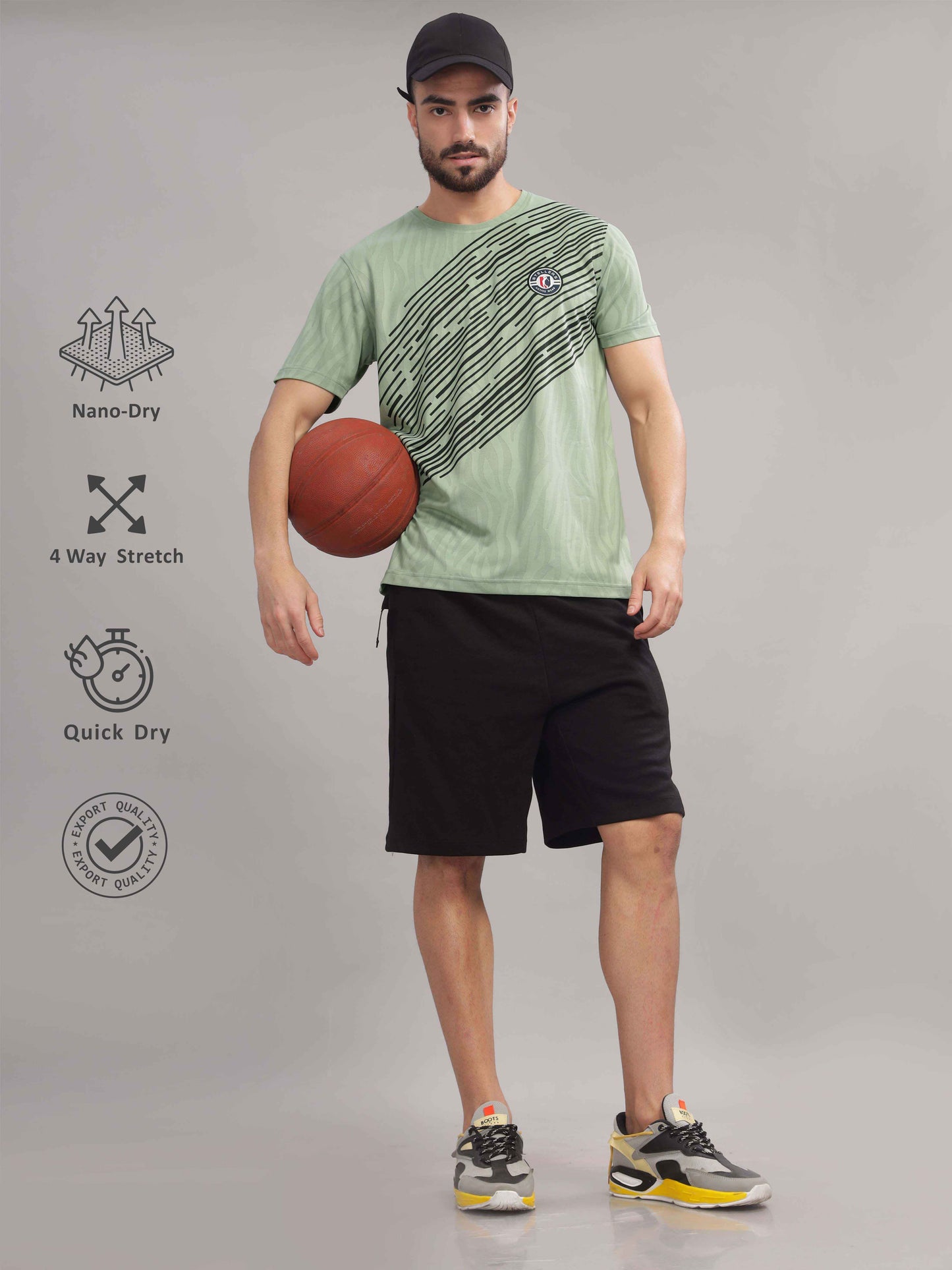 Green Printed Active Round Neck T Shirts for Men