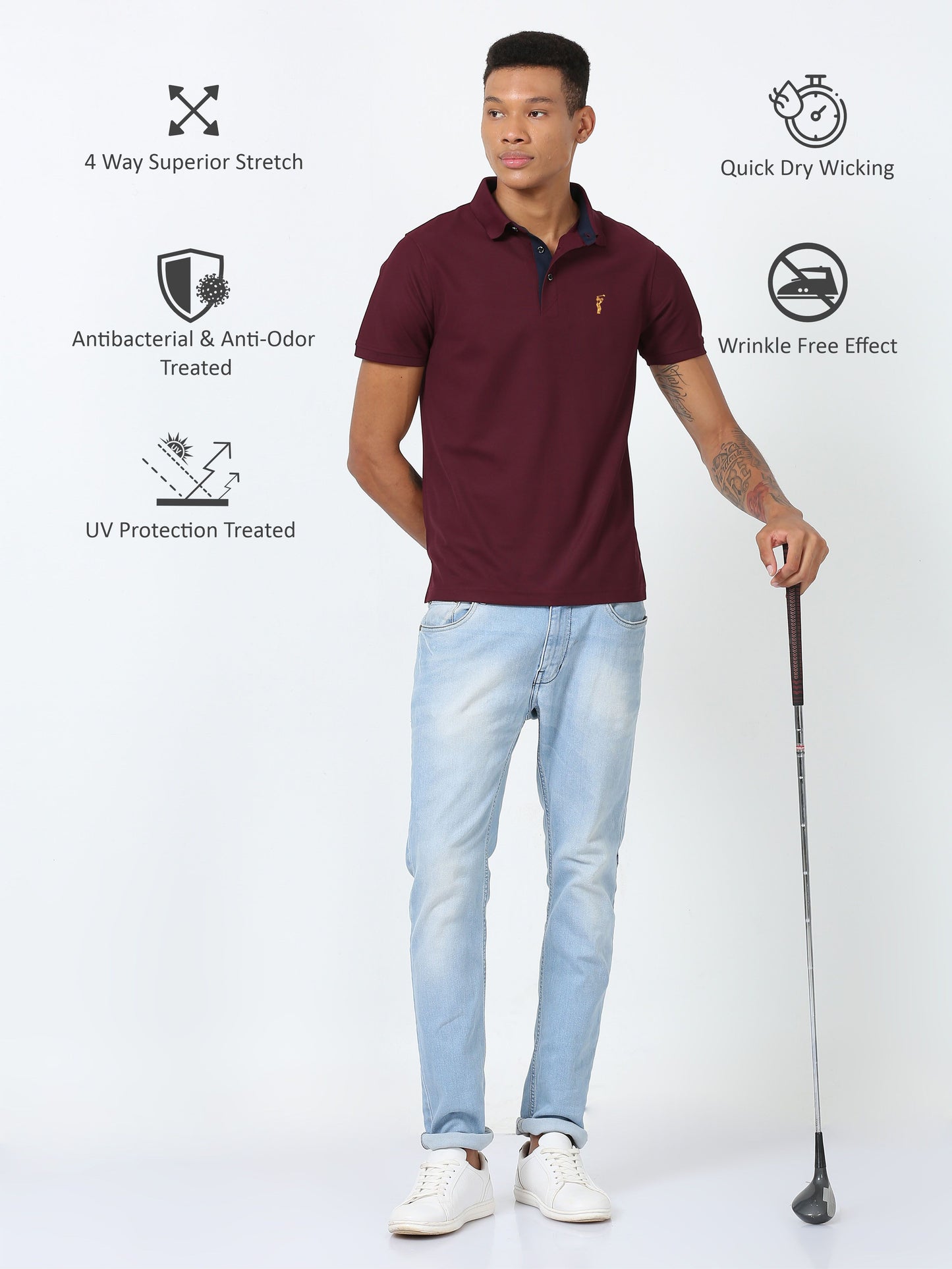 Men Wine Premium Golf Polo T-Shirt | Quick Dry | Stretchable | UV Protected | Wrinkle & Odour-Free