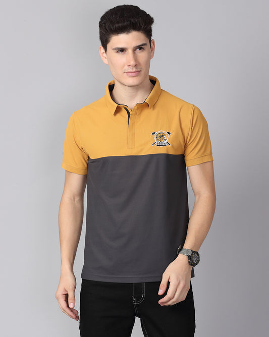 Mustard-Dark Grey Men's Half & Half Polo T-Shirt | Quick Dry | Stretchable | UV Protected | Wrinkle & Odour-Free