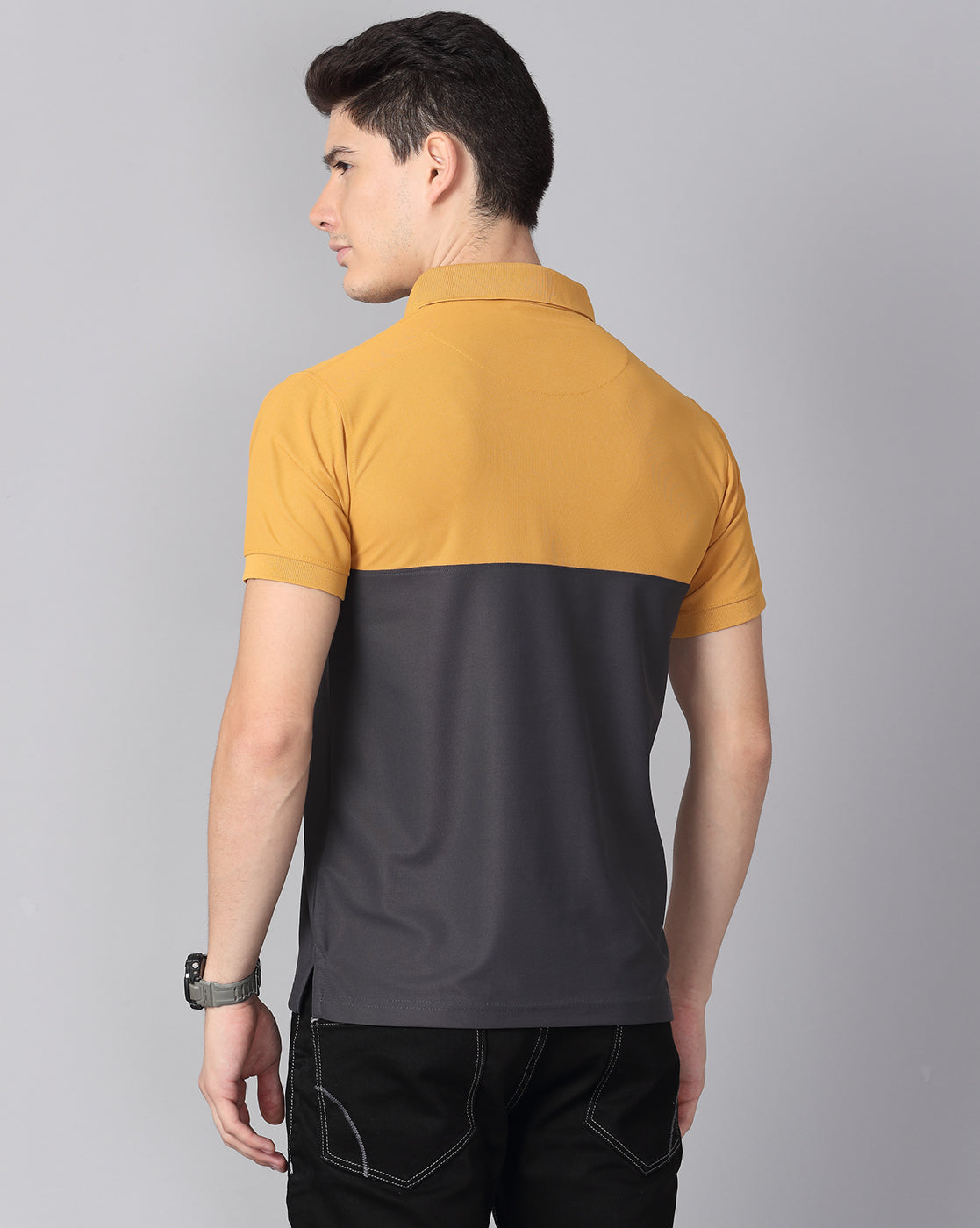 Mustard-Dark Grey Men's Half & Half Polo T-Shirt | Quick Dry | Stretchable | UV Protected | Wrinkle & Odour-Free