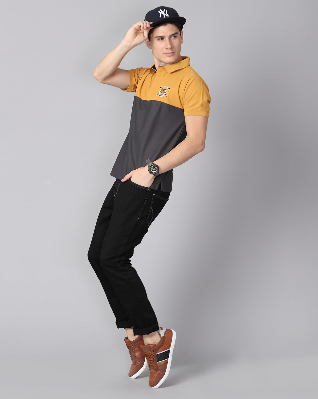 Mustard-Dark Grey Men's Half & Half Polo T-Shirt | Quick Dry | Stretchable | UV Protected | Wrinkle & Odour-Free