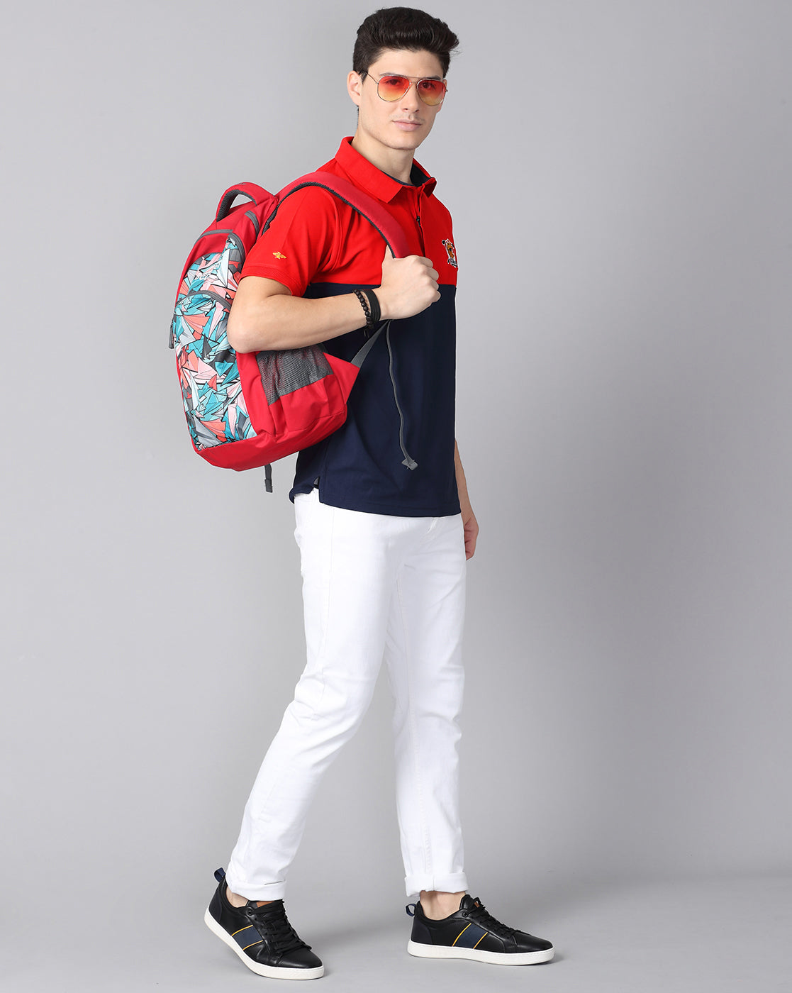 Red-Navy Men's Half & Half Polo T-Shirt | Quick Dry | Stretchable | UV Protected | Wrinkle & Odour-Free
