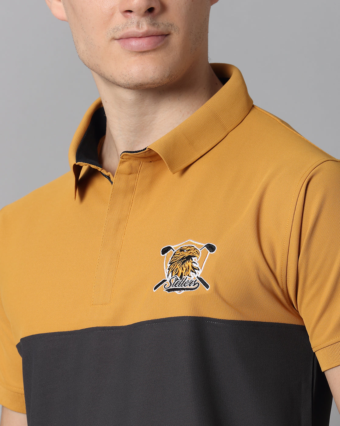 Mustard-Dark Grey Men's Half & Half Polo T-Shirt | Quick Dry | Stretchable | UV Protected | Wrinkle & Odour-Free