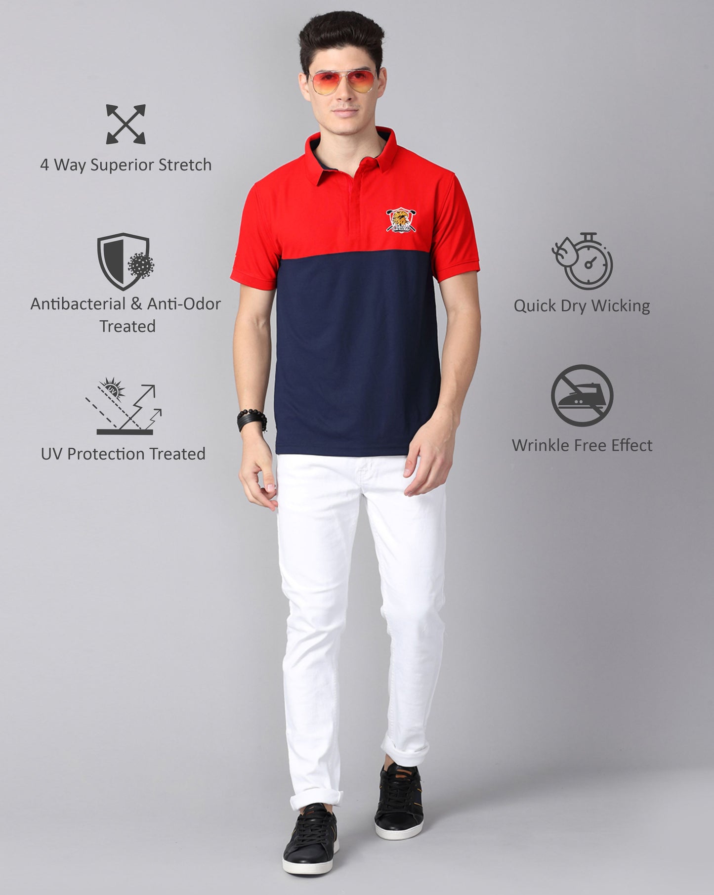 Red-Navy Men's Half & Half Polo T-Shirt | Quick Dry | Stretchable | UV Protected | Wrinkle & Odour-Free