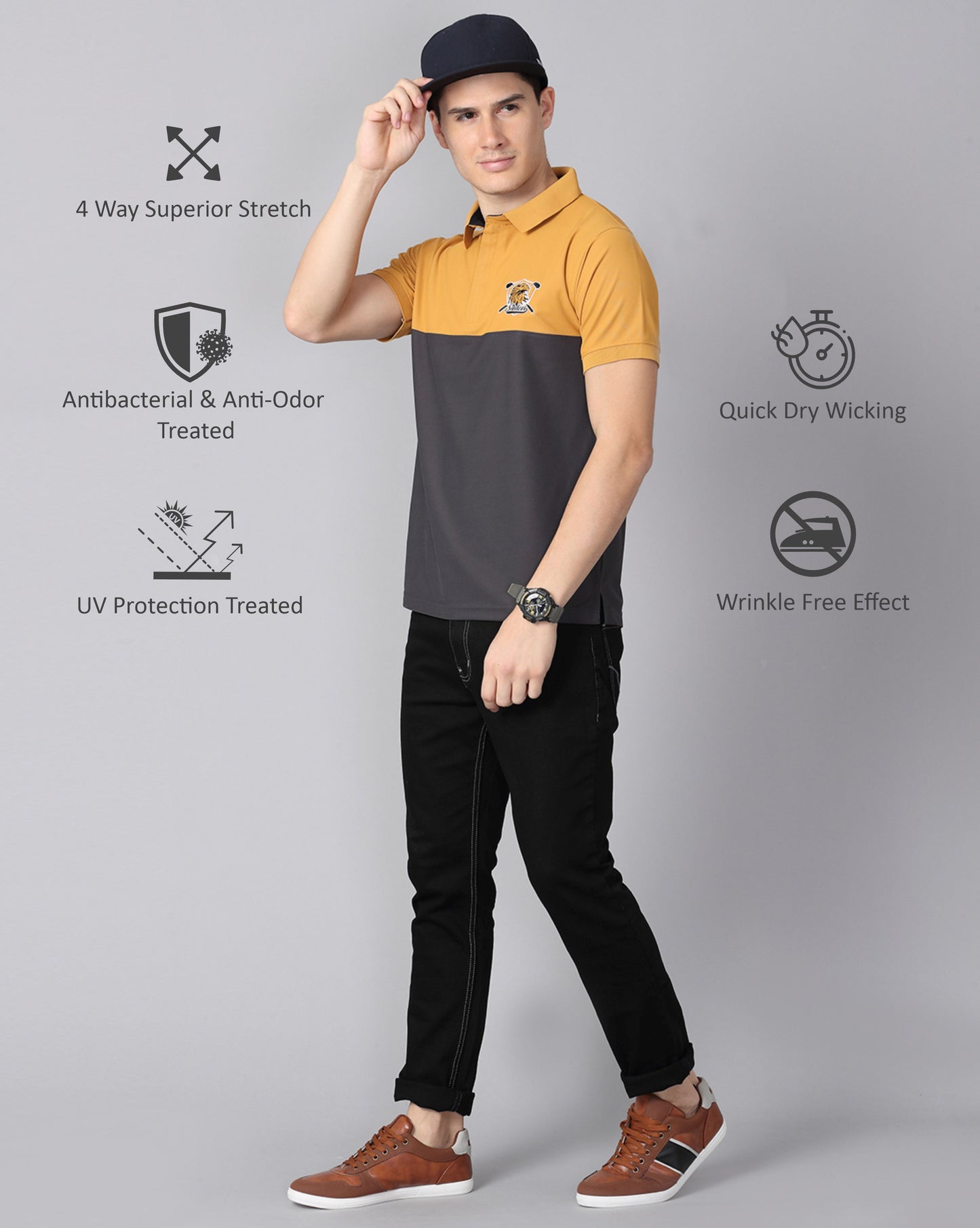 Mustard-Dark Grey Men's Half & Half Polo T-Shirt | Quick Dry | Stretchable | UV Protected | Wrinkle & Odour-Free