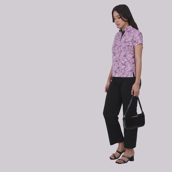White Monstera Leaf Printed Polo T Shirt for Women