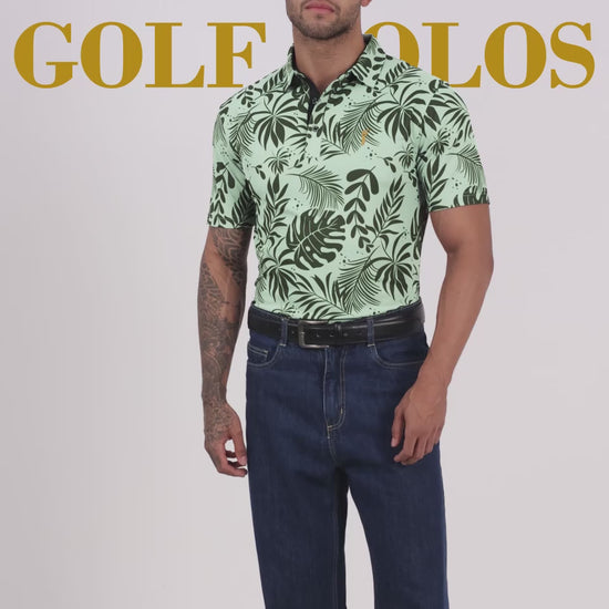 Green Leaf Printed Polo T Shirt for Men 