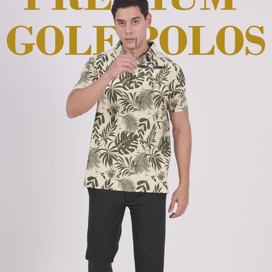 Beige Leaf Printed Polo T Shirt for Men