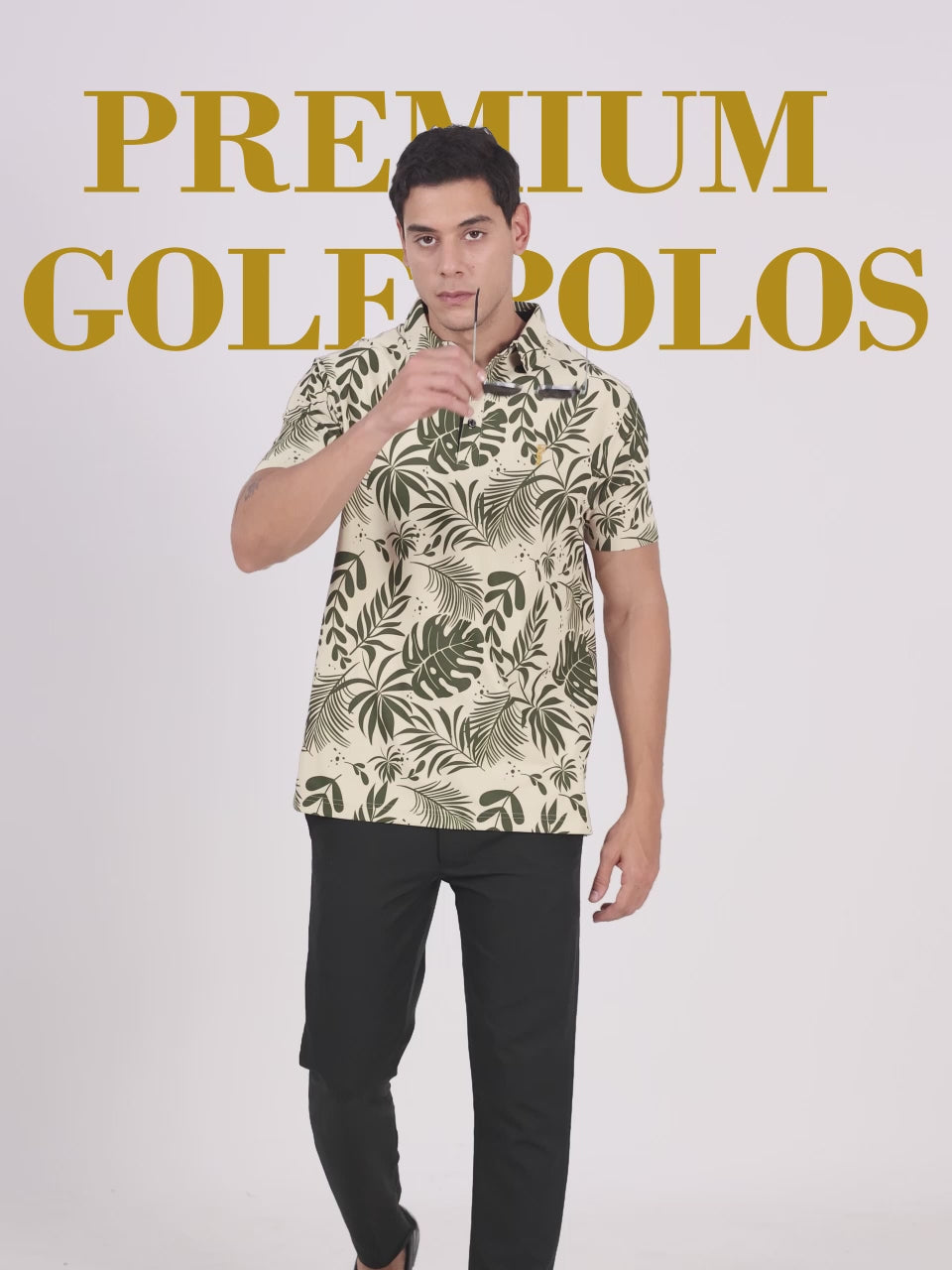 Beige Leaf Printed Polo T Shirt for Men